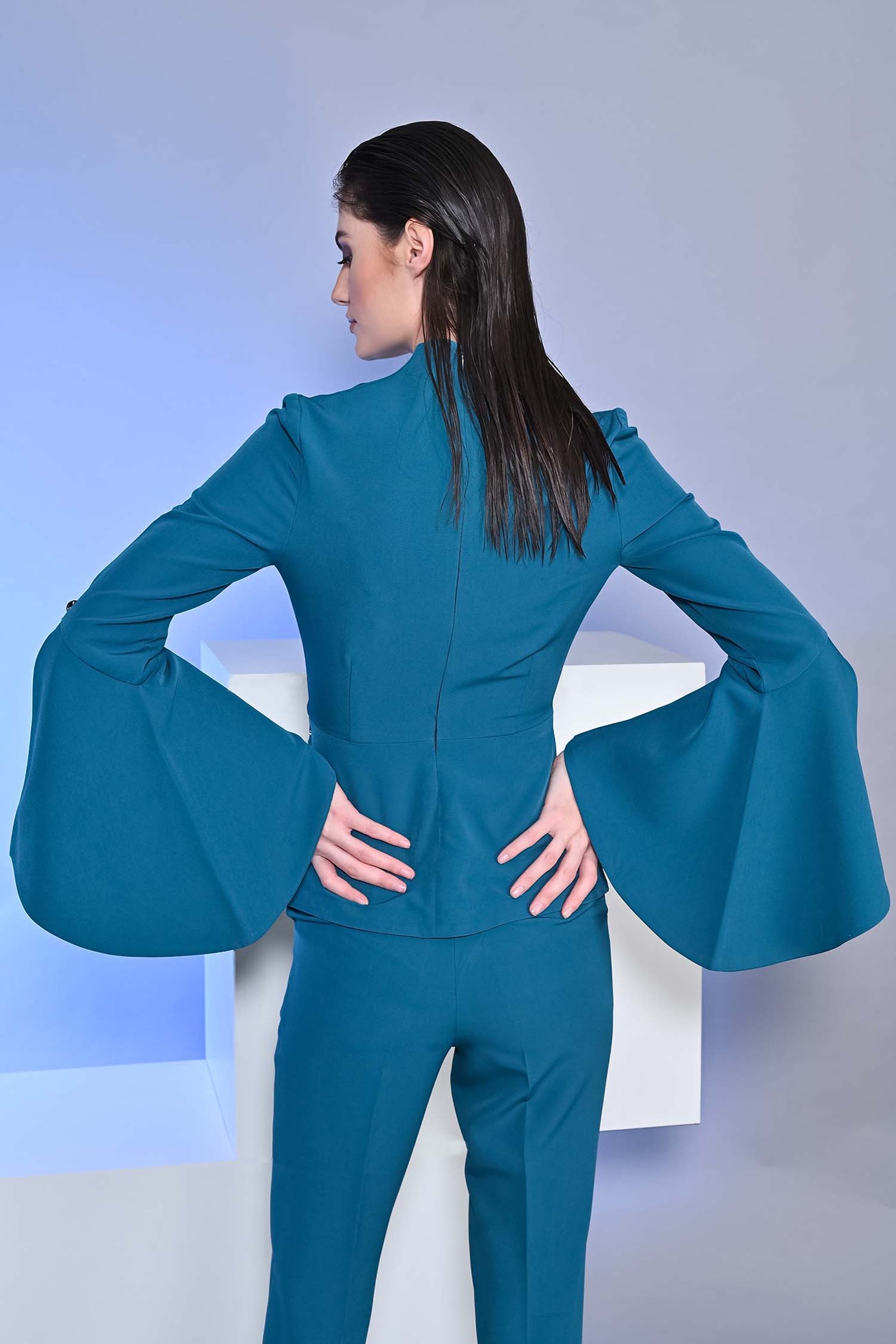 Teal Blue Cape Sleeves Top With Trousers