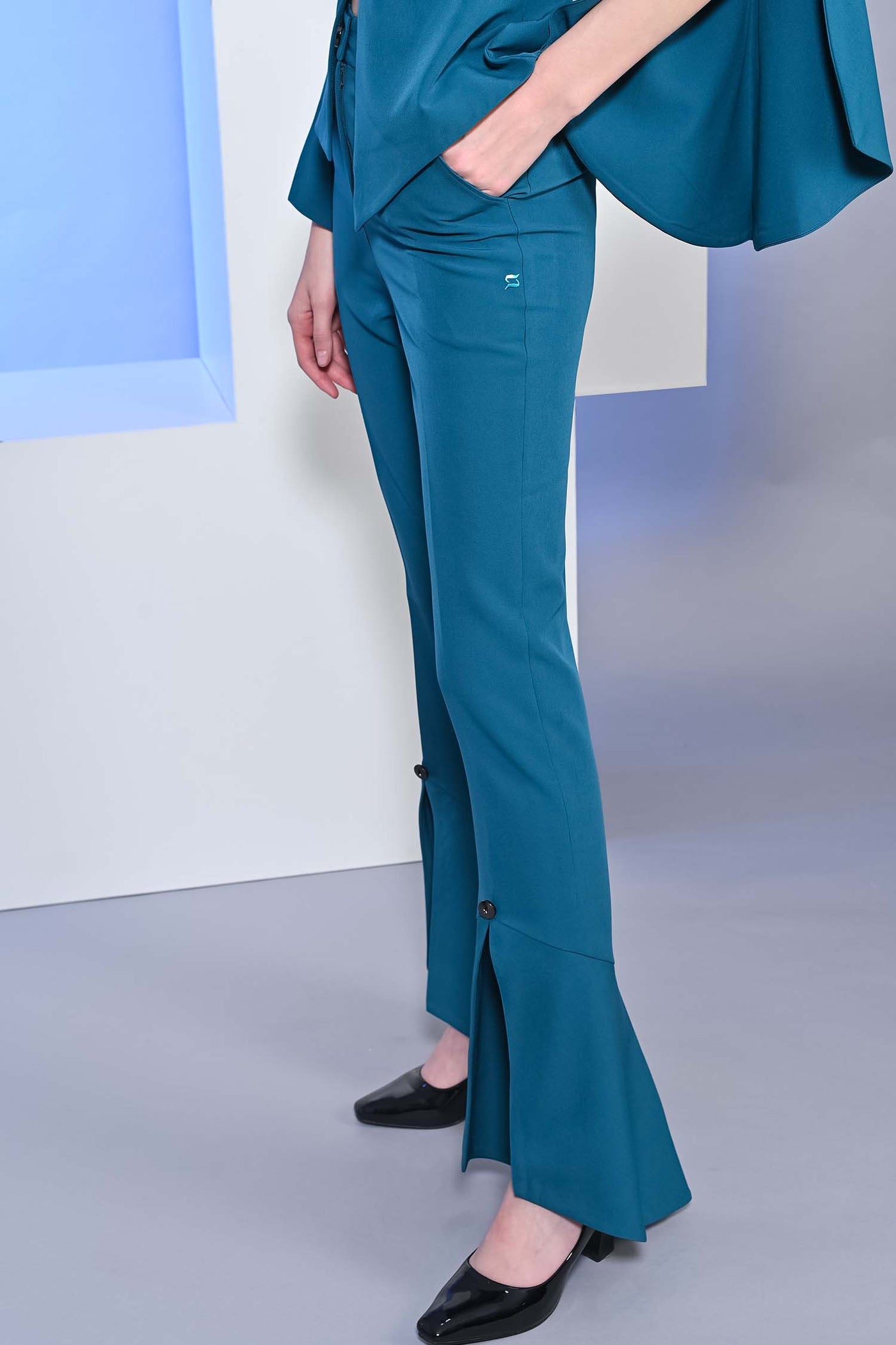 Teal Blue High Waist Flared Slit Trousers