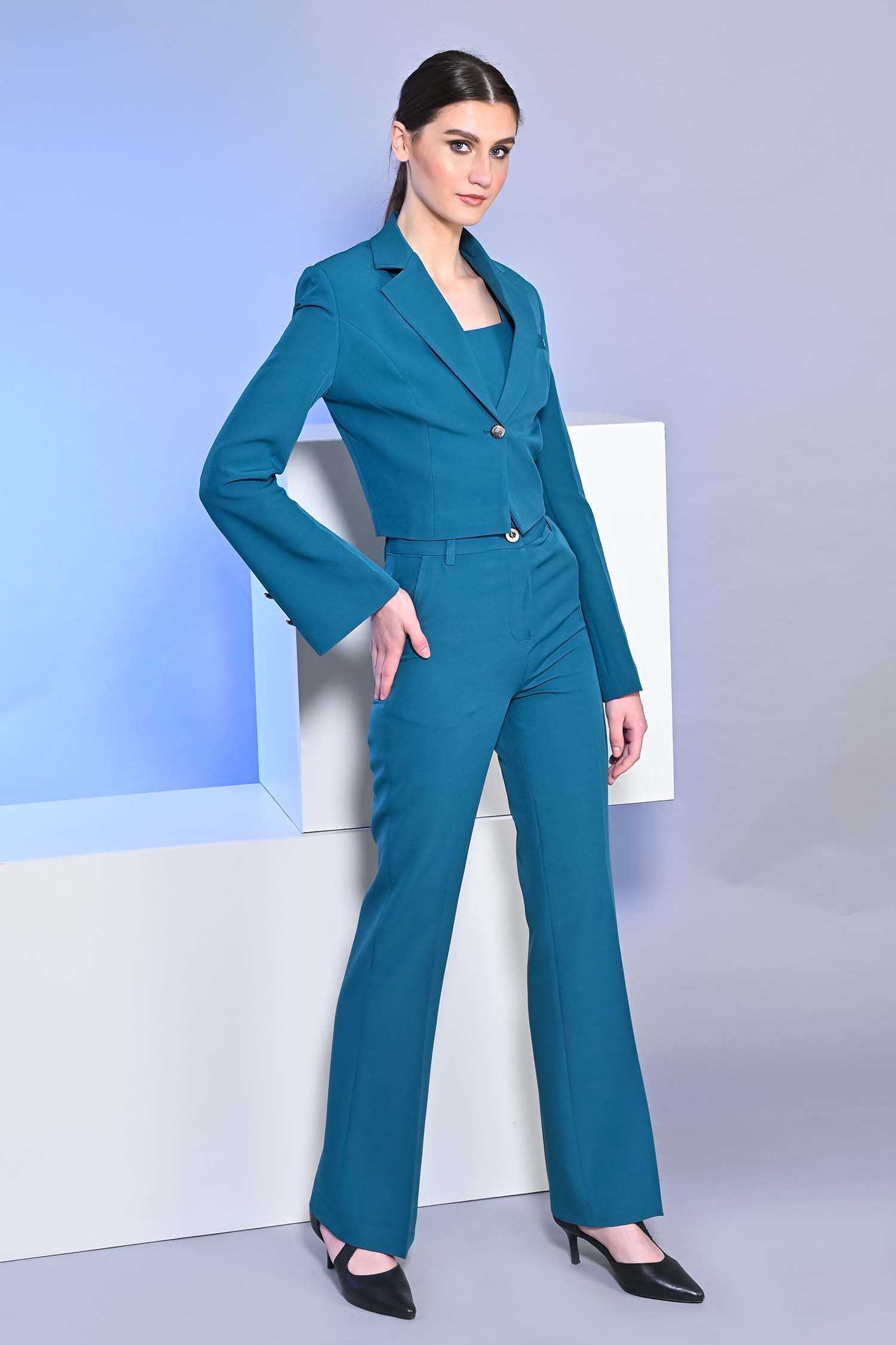 Cropped Teal Blue Blazer With Flared Trouser