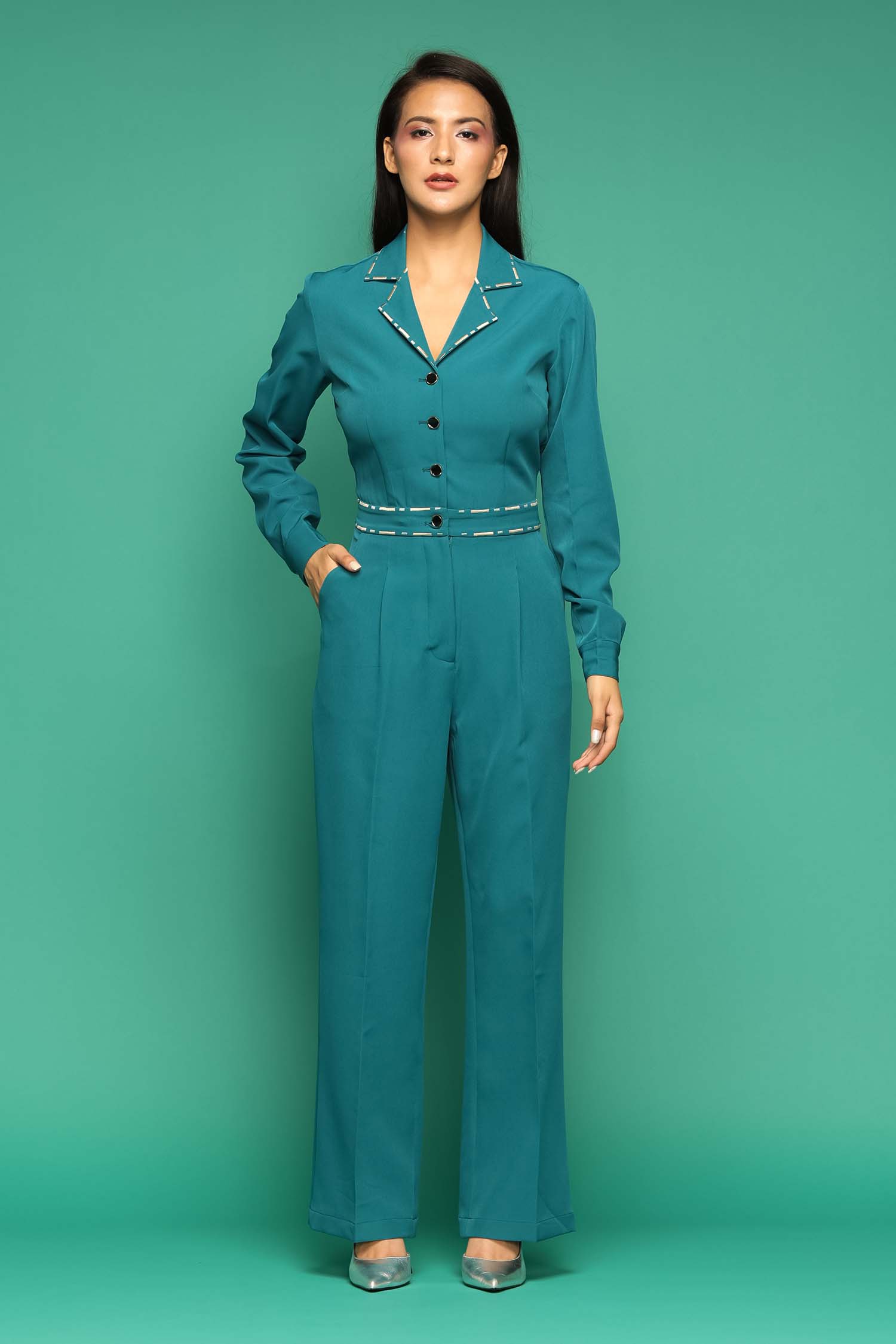 Teal Blue Embroidered Jumpsuit