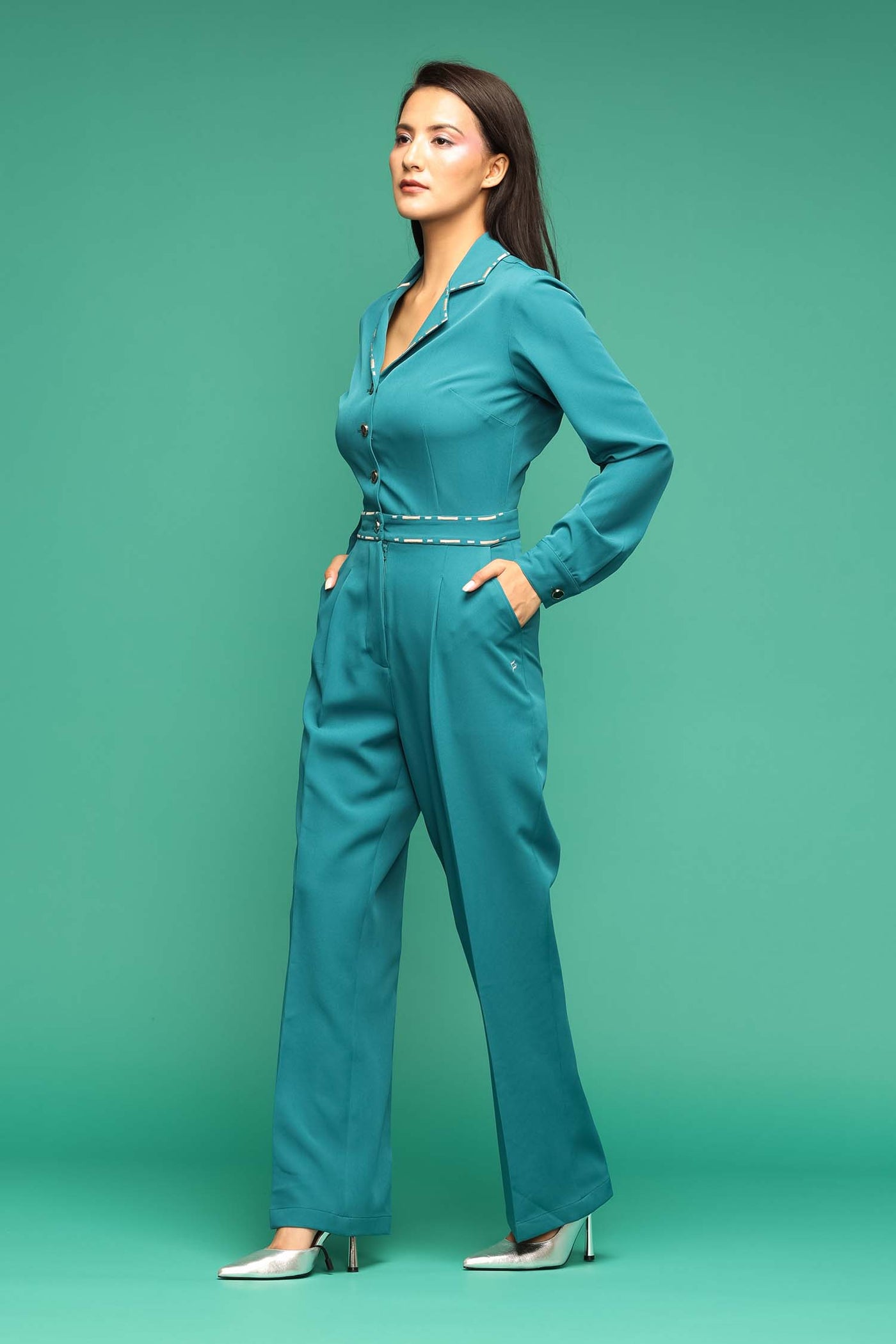 Teal Blue Embroidered Jumpsuit