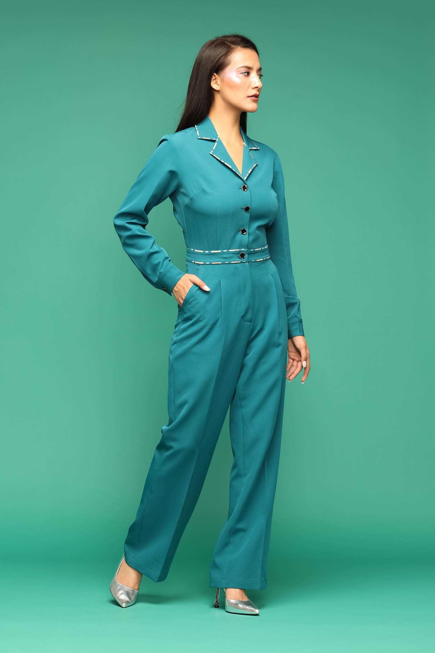 Teal Blue Embroidered Jumpsuit