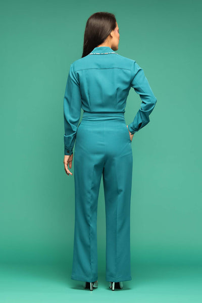 Teal Blue Embroidered Jumpsuit