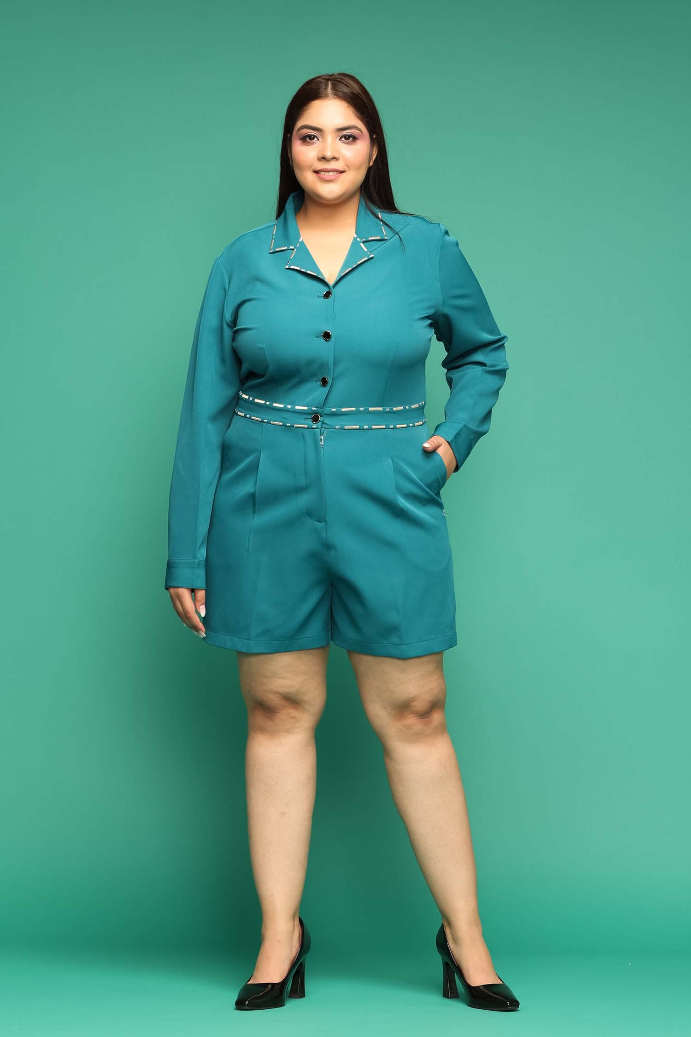 Teal Blue Embroidered Playsuit