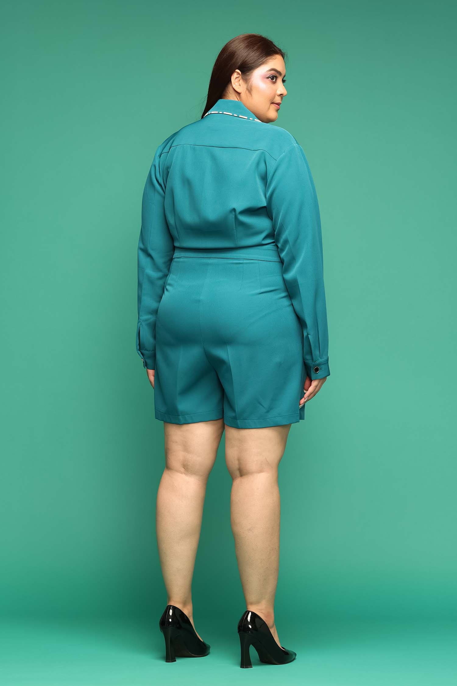 Teal Blue Embroidered Playsuit