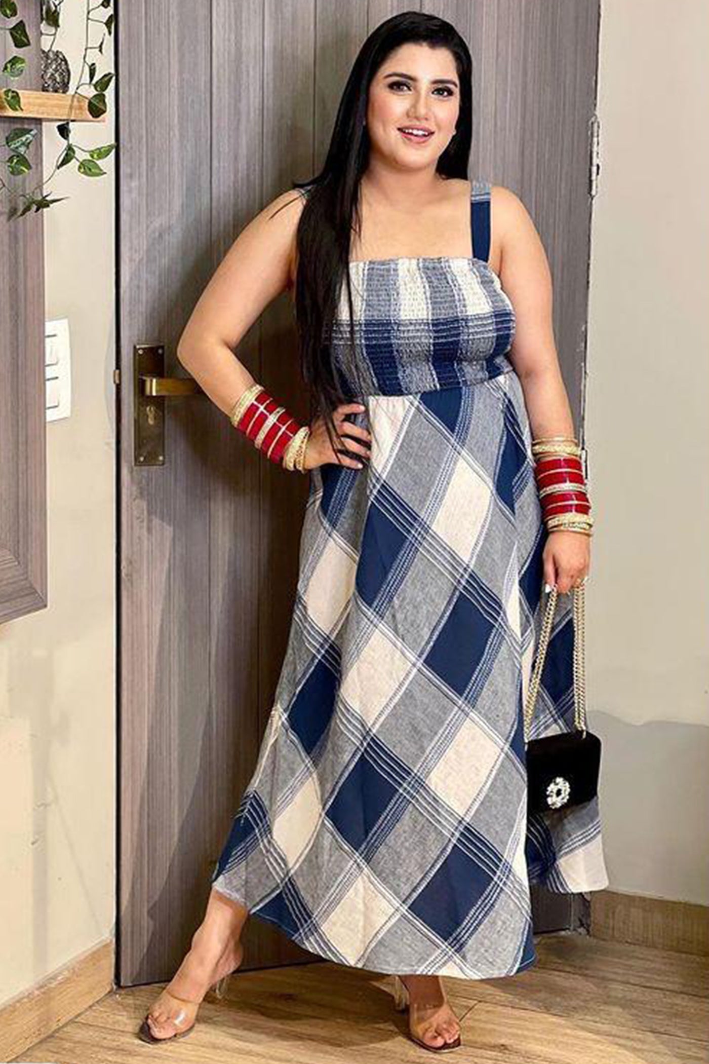 Kirti Singh in Blumine Check Long Smocked Dress