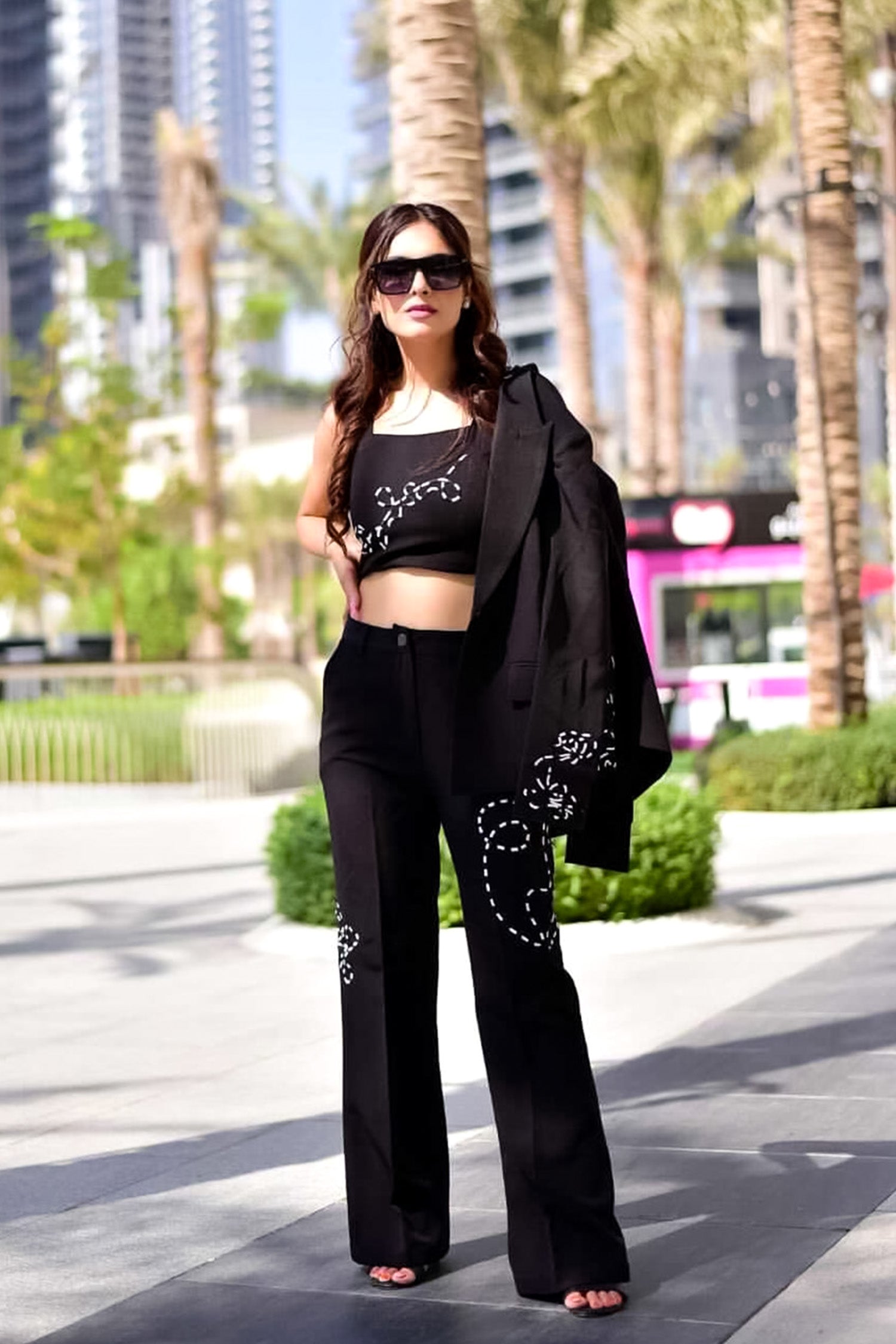Black Embroidered Blazer With Crop Top And Flared Pants