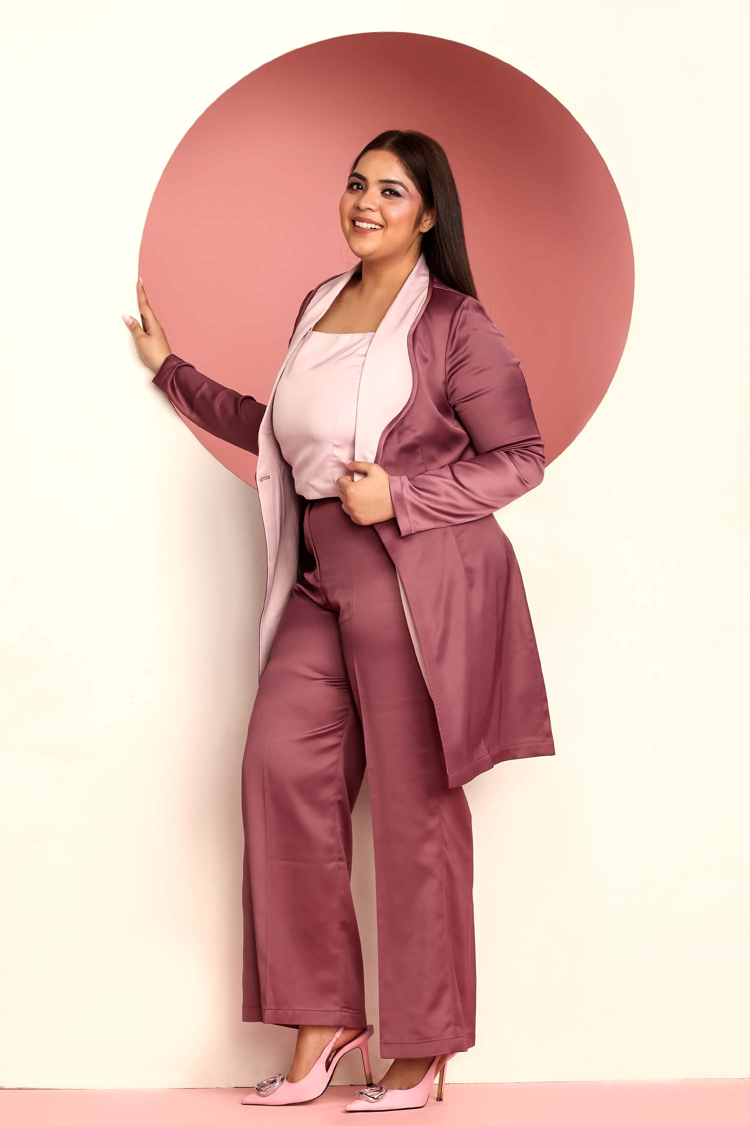 Twilight Bubble Gum Collar Blazer with Crop Top and Flared Pants