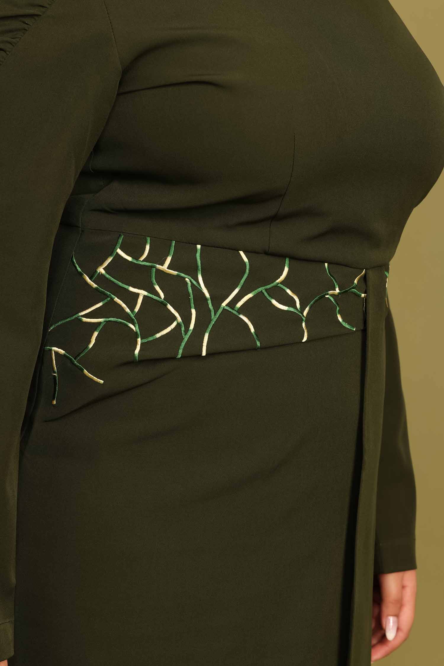 Abstract Embroidered Juniper Green V-neck Dress