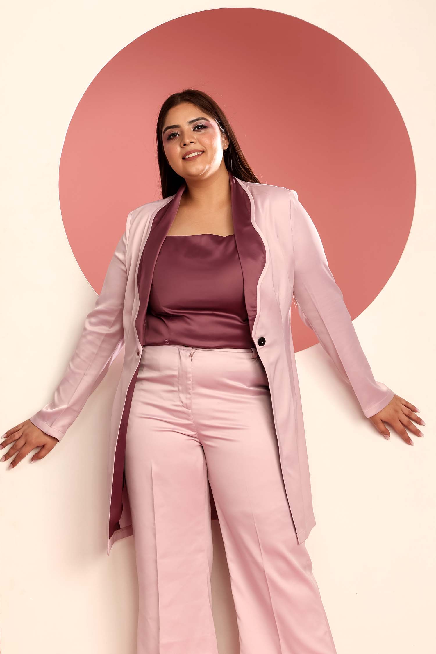 Bubble Gum Twilight Collar Blazer with Crop Top and Flared Pants