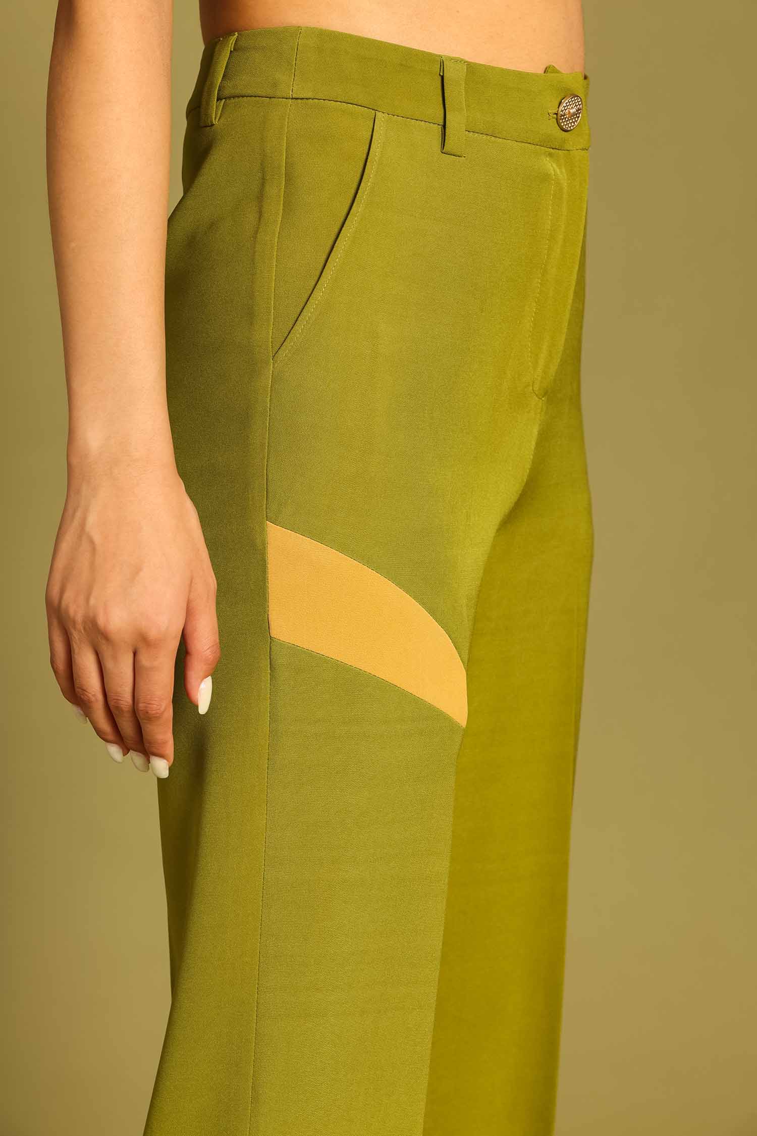 Olive Contrast Paneled Flared Trousers