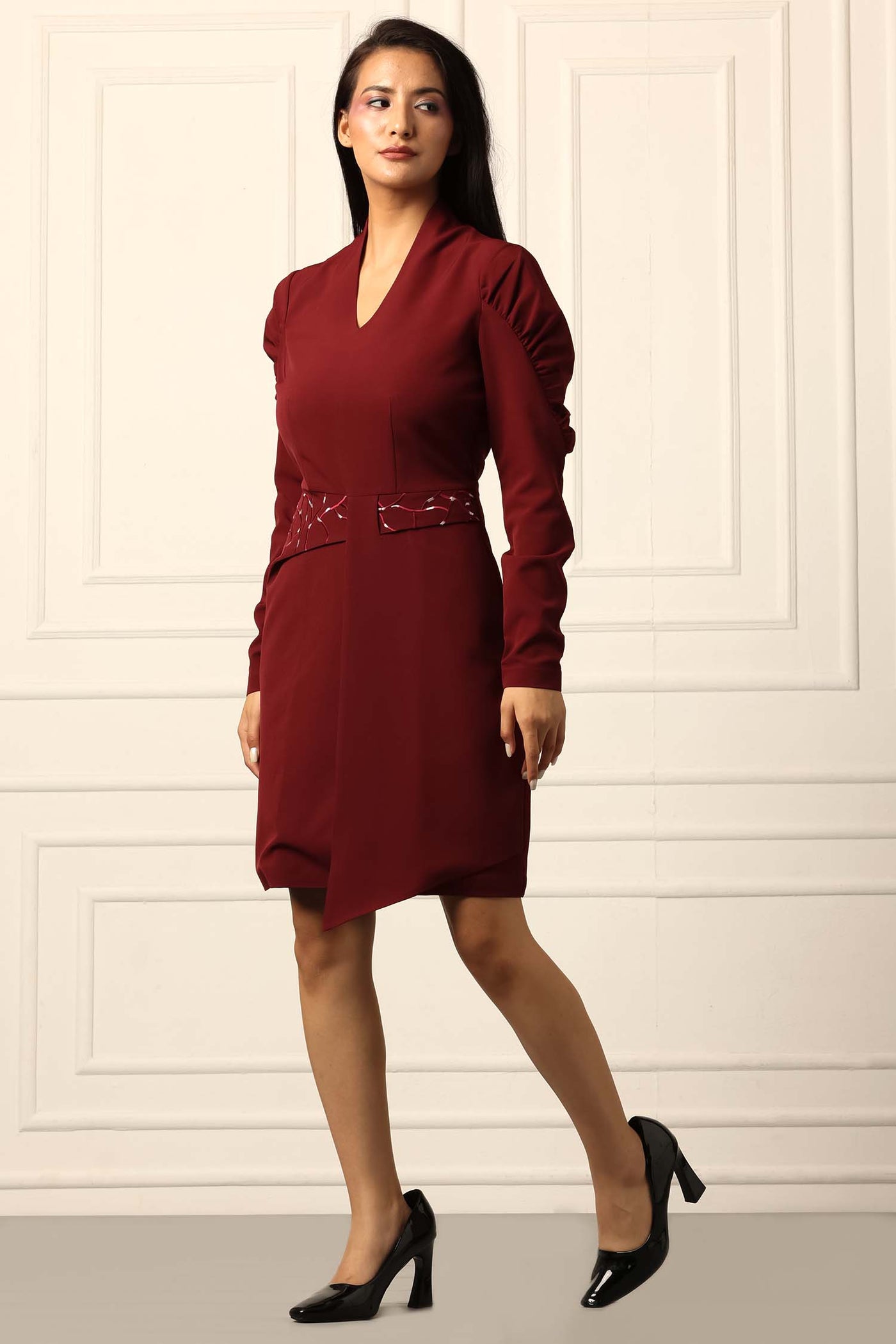 Abstract Embroidered Sanguine V-neck Dress