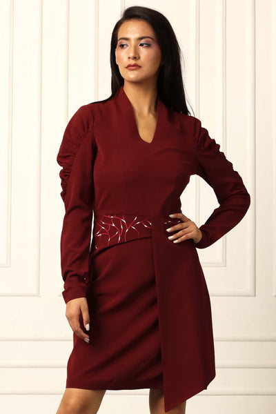 Abstract Embroidered Sanguine V-neck Dress