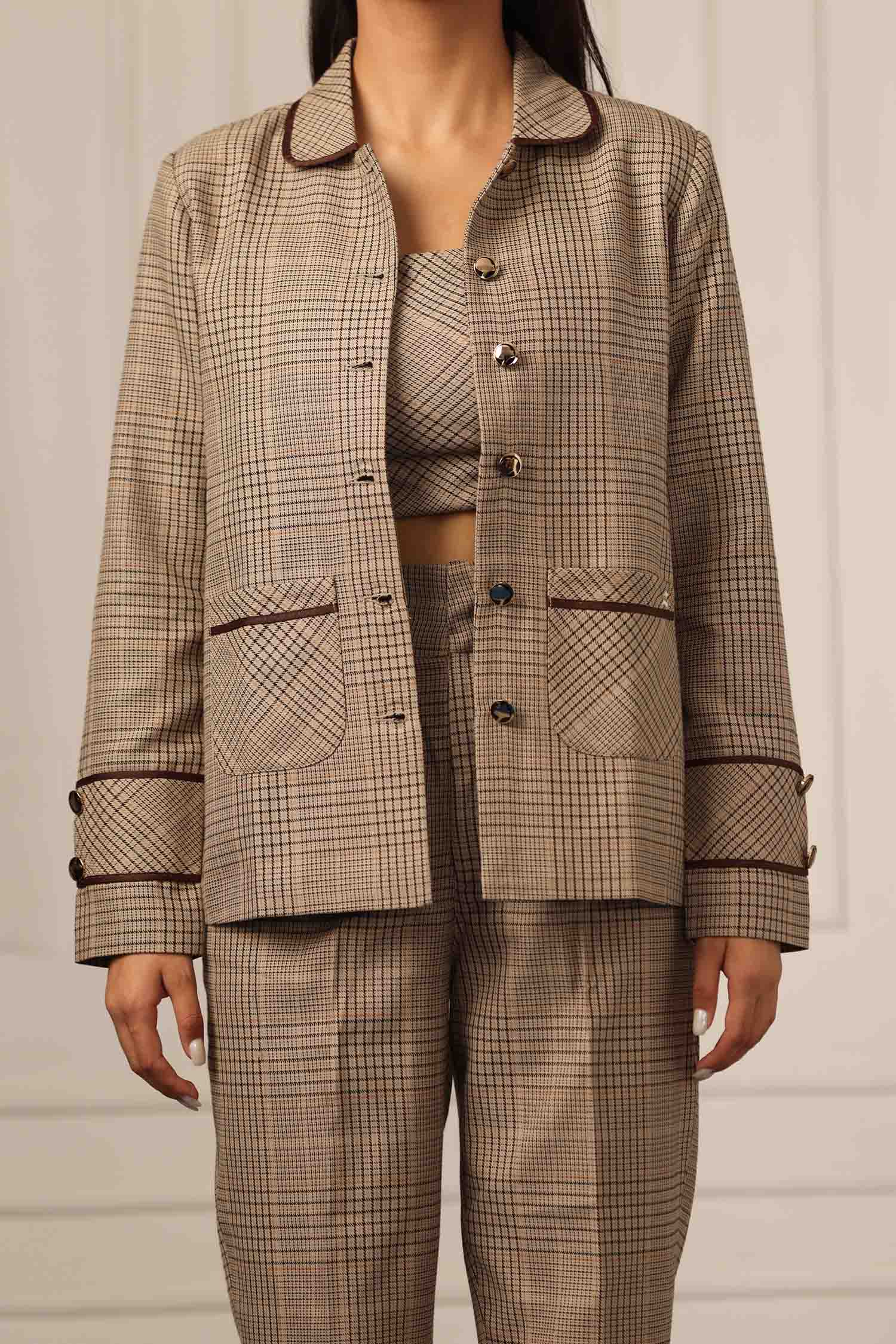 Wheat Tan Box Blazer with Crop top and High-waist trousers