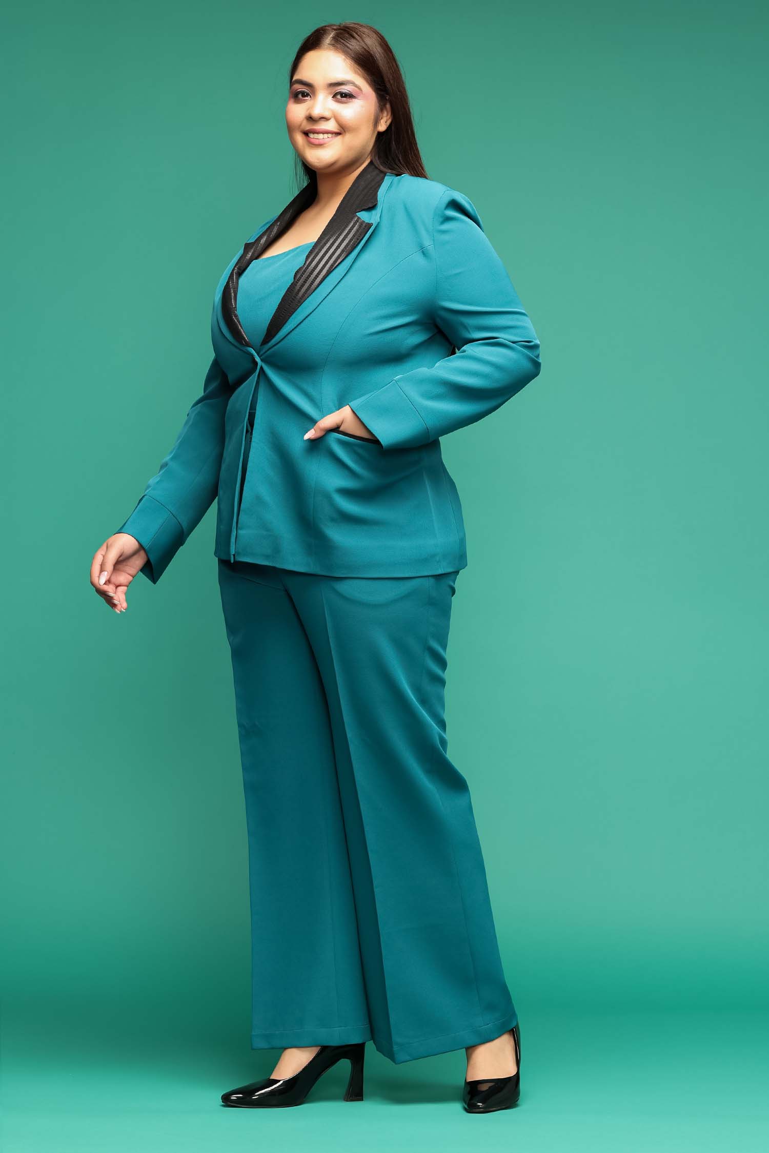 Double Collared Teal Blue Blazer with Crop Top and Flared Trouser