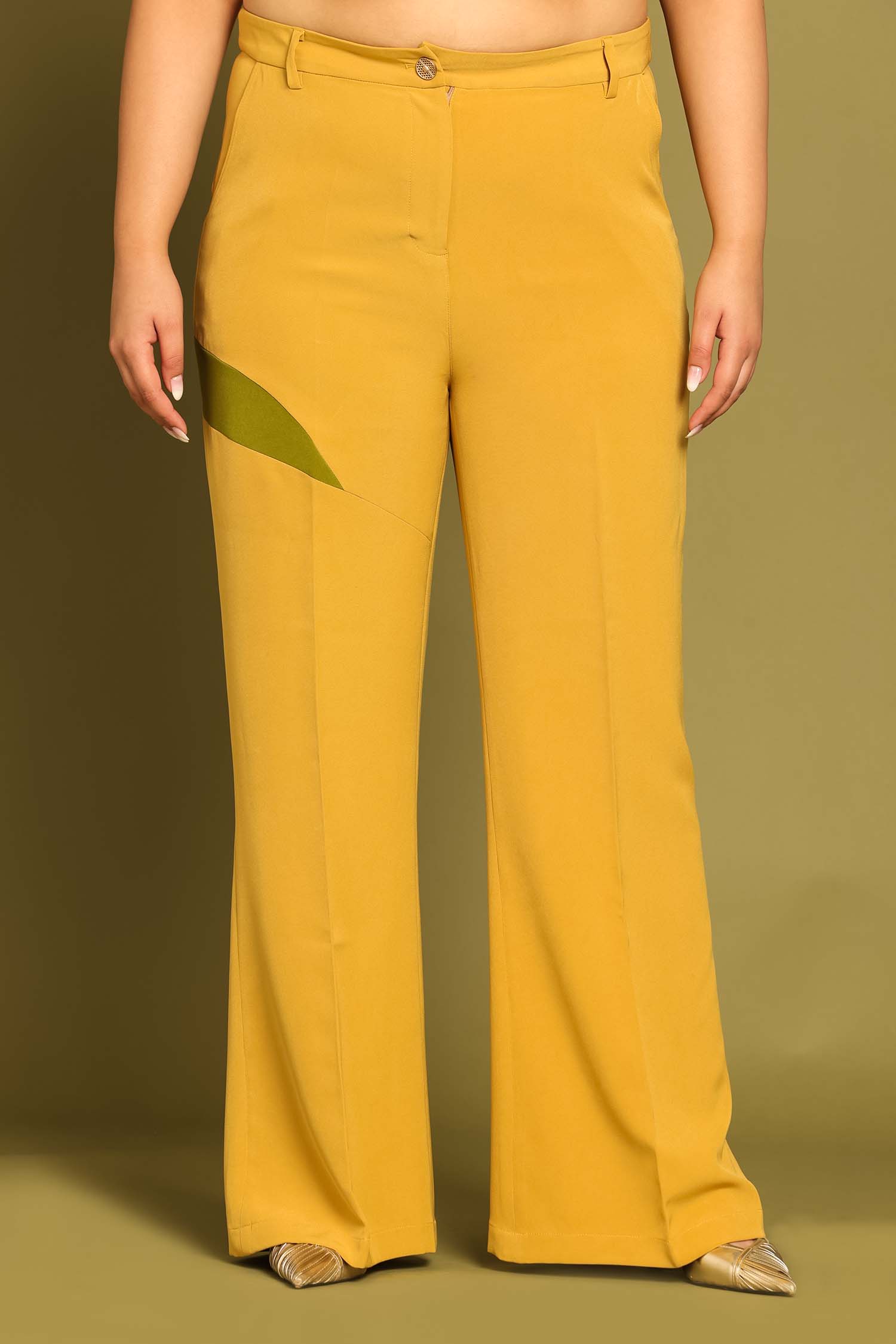 Old Gold Contrast Paneled Flared Trousers