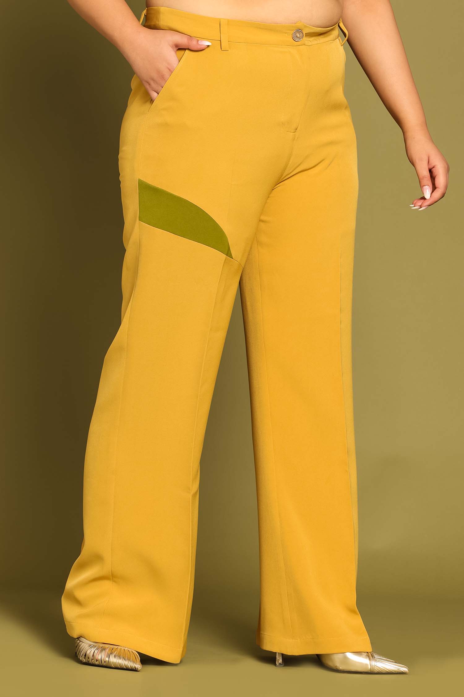 Old Gold Contrast Paneled Flared Trousers