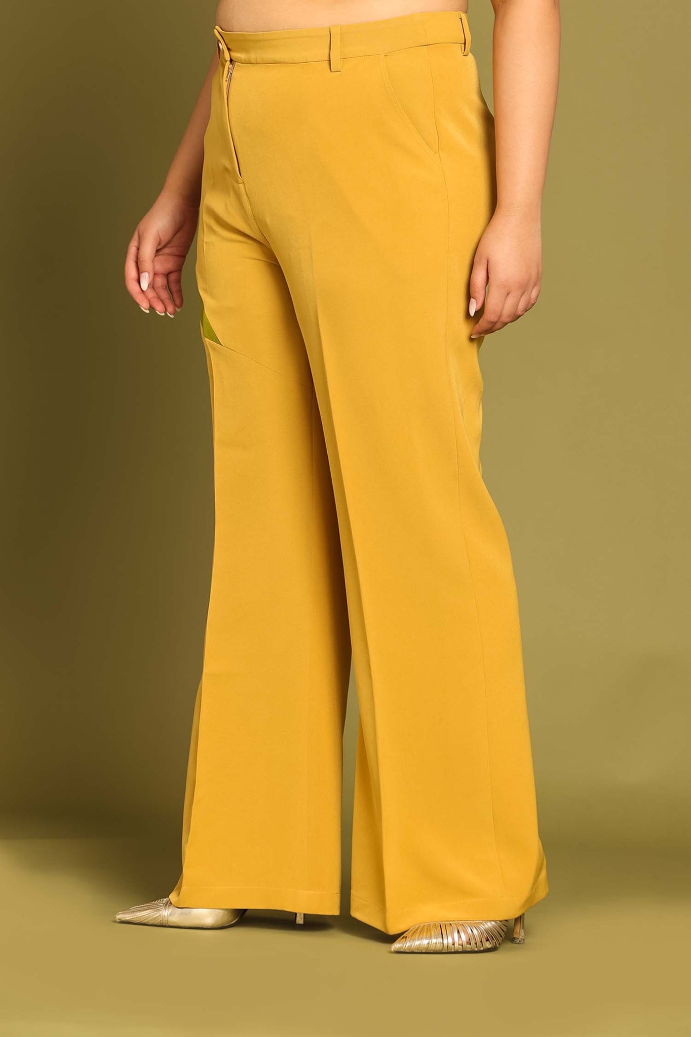 Old Gold Contrast Paneled Flared Trousers