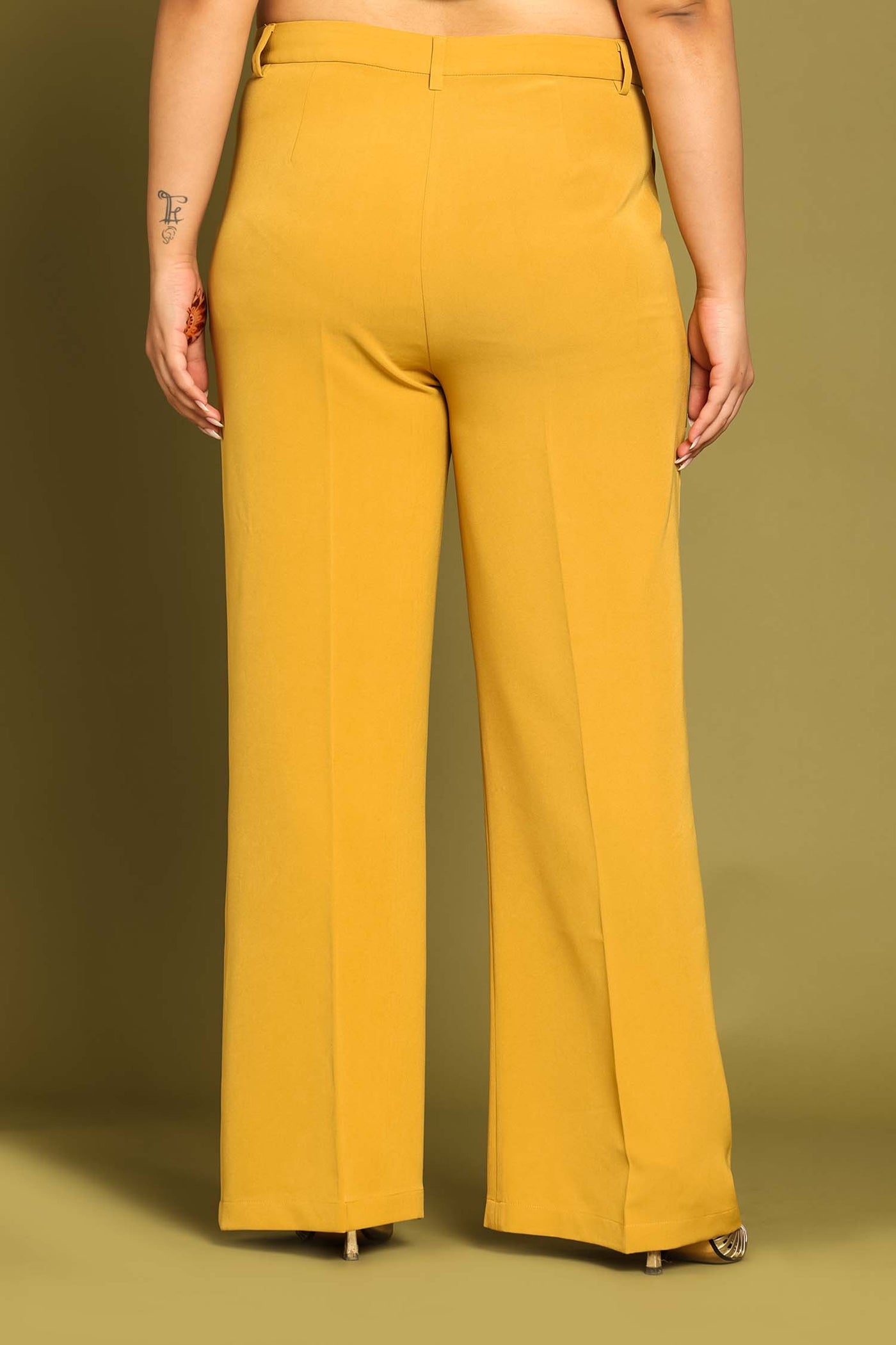 Old Gold Contrast Paneled Flared Trousers