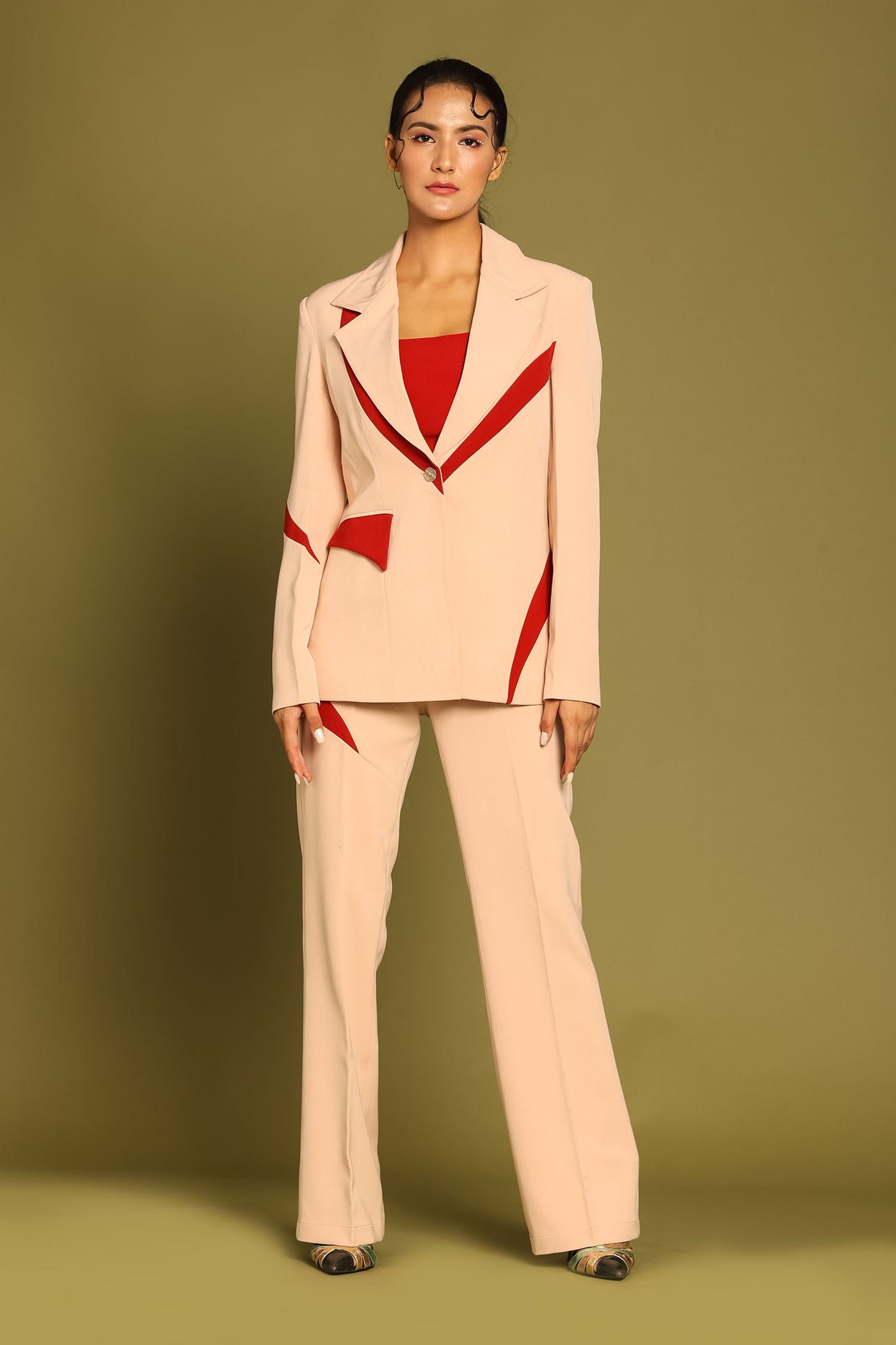 Almond Contrast Paneled Flared Trousers