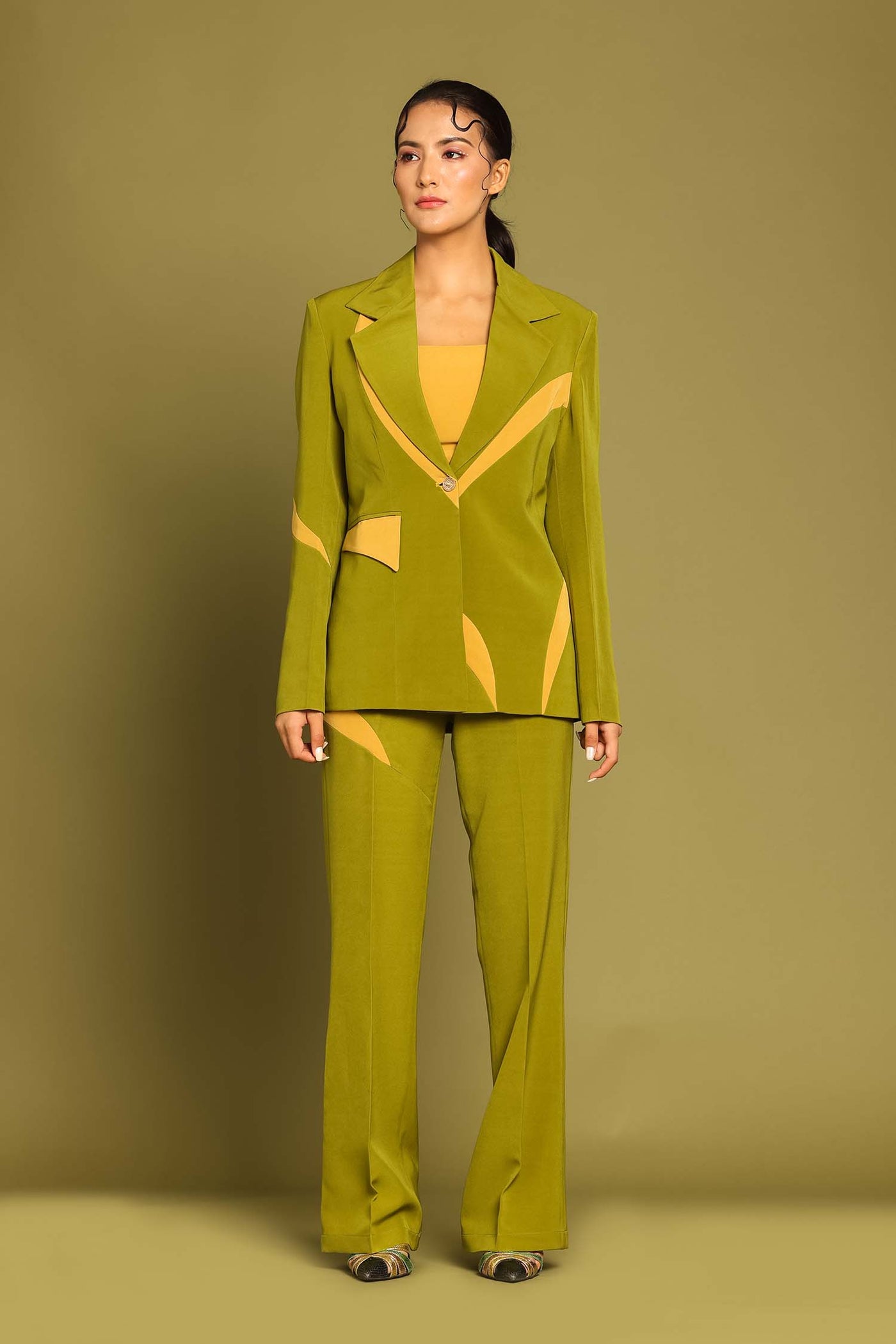 Olive Contrast Paneled Flared Trousers