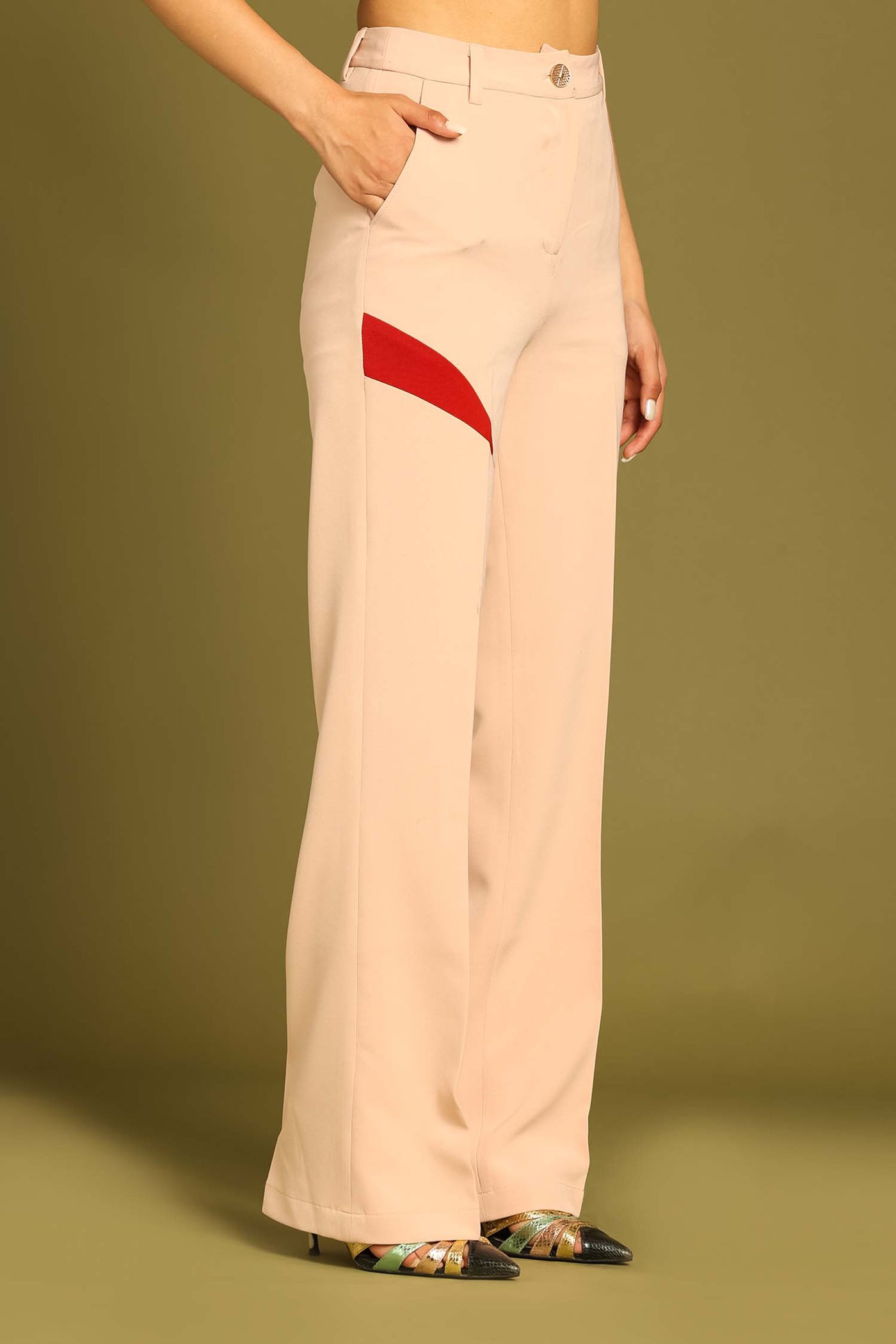 Almond Contrast Paneled Flared Trousers