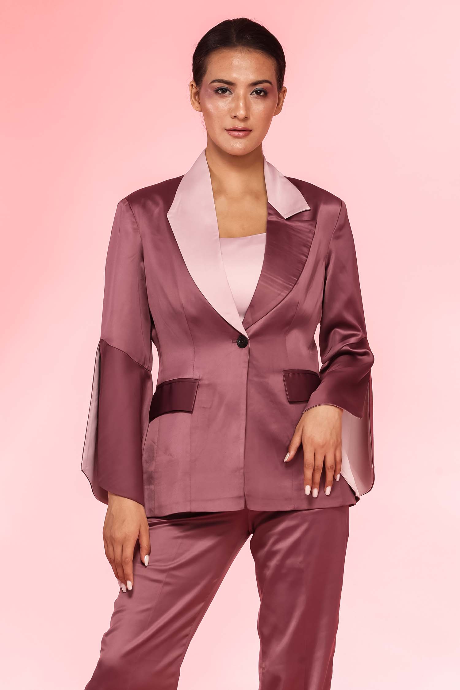 Twilight Bubble Gum Cape Sleeved Blazer with Crop Top and Flared Pants