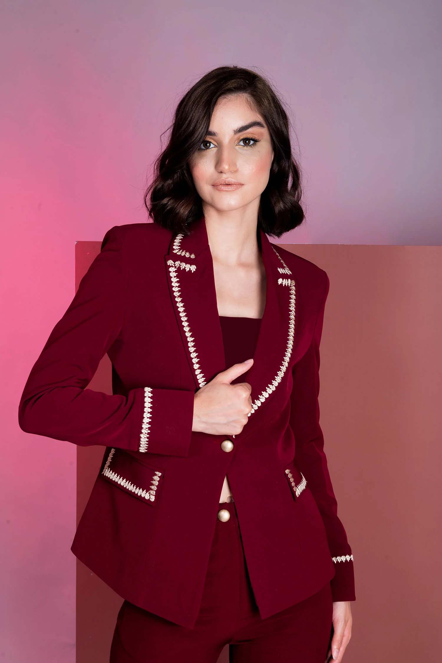 Petal Embroidered Sanguine Blazer With Crop Top And Flared Pants