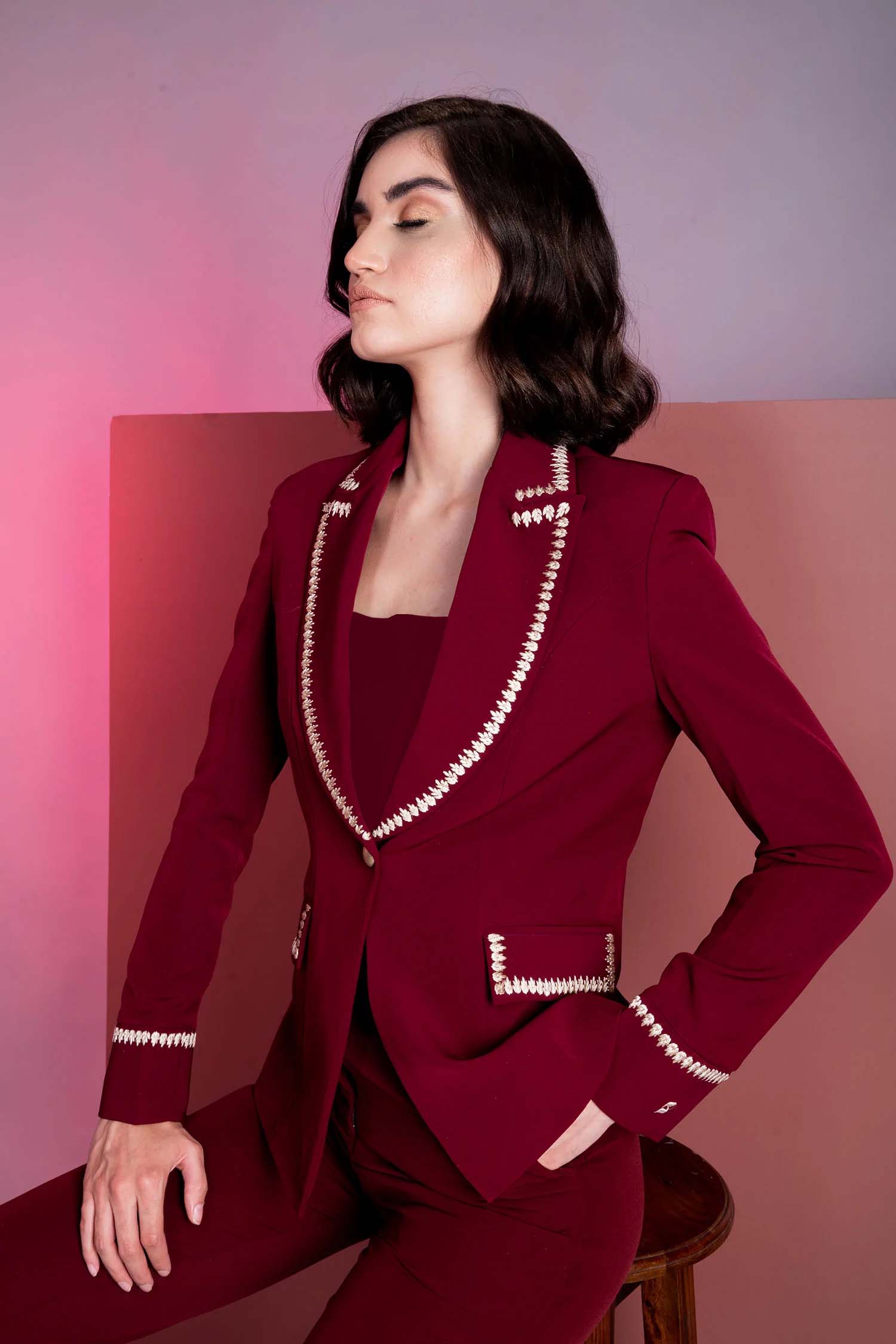 Petal Embroidered Sanguine Blazer With Crop Top And Flared Pants