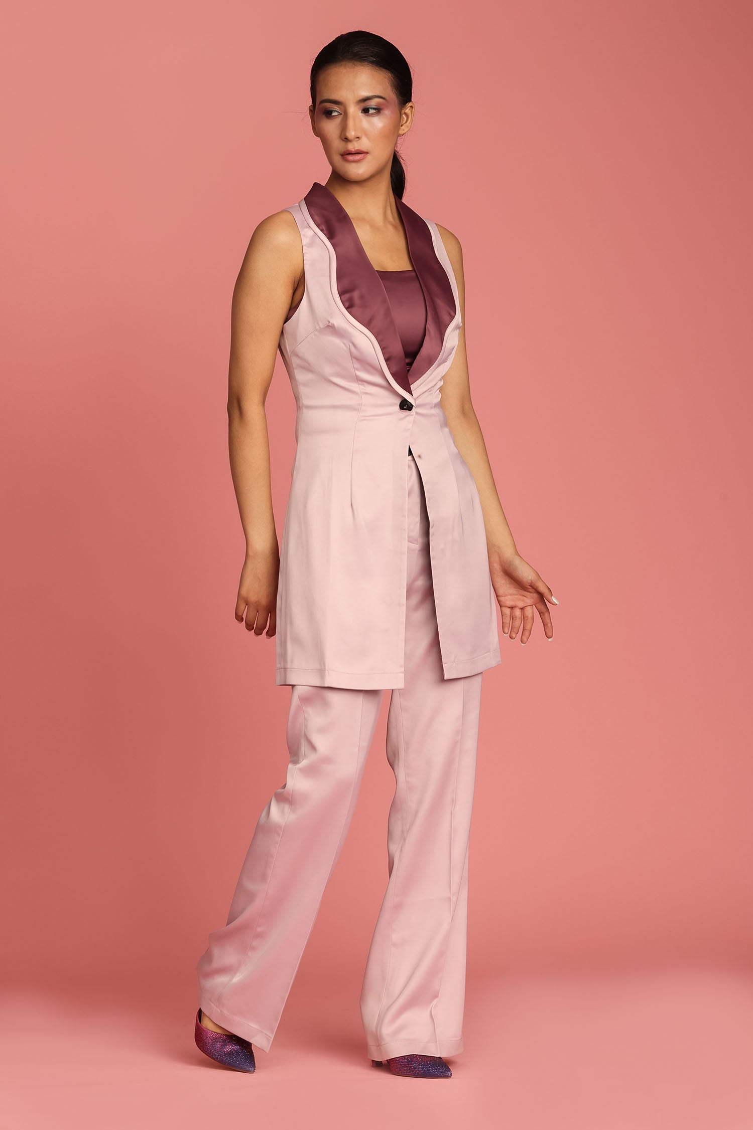 Bubble Gum Sleeveless Twilight Collar Blazer with Crop Top and Flared Pants