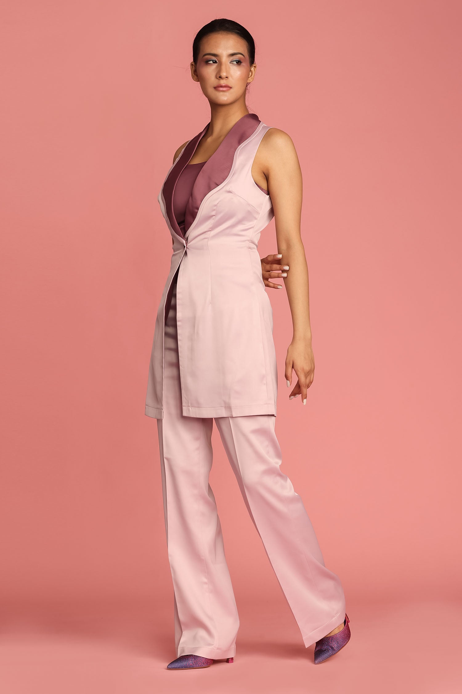 Bubble Gum Sleeveless Twilight Collar Blazer with Crop Top and Flared Pants