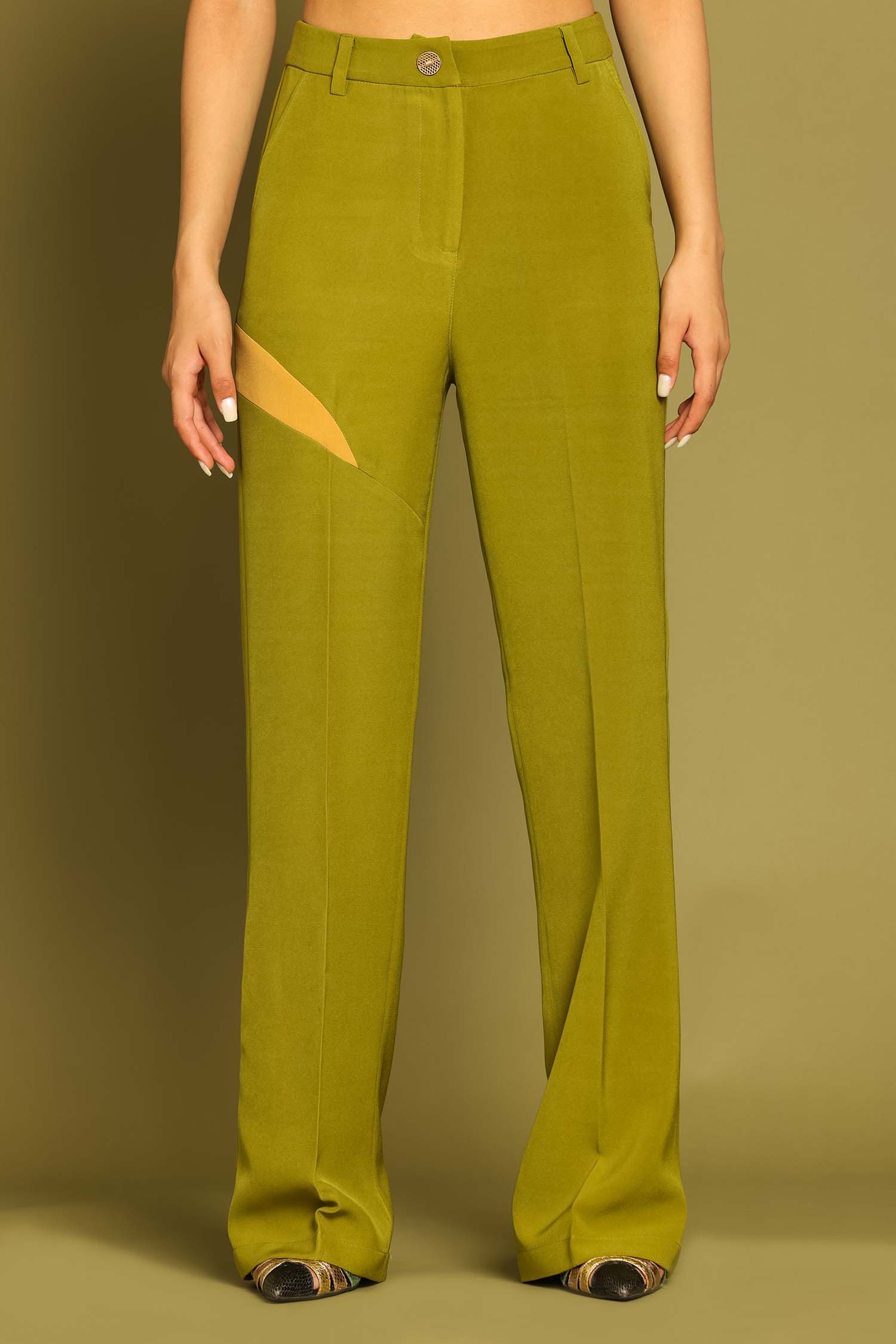 Olive Green Zip Up Flare Trousers