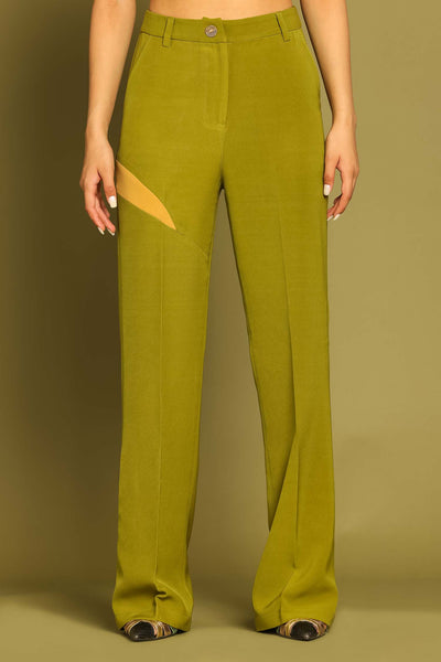 Olive Contrast Paneled Flared Trousers