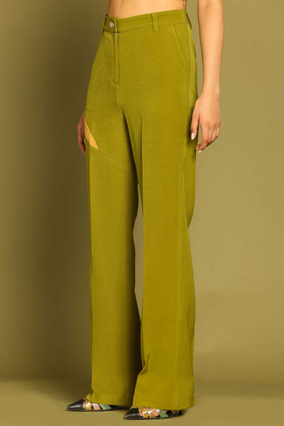 Olive Contrast Paneled Flared Trousers