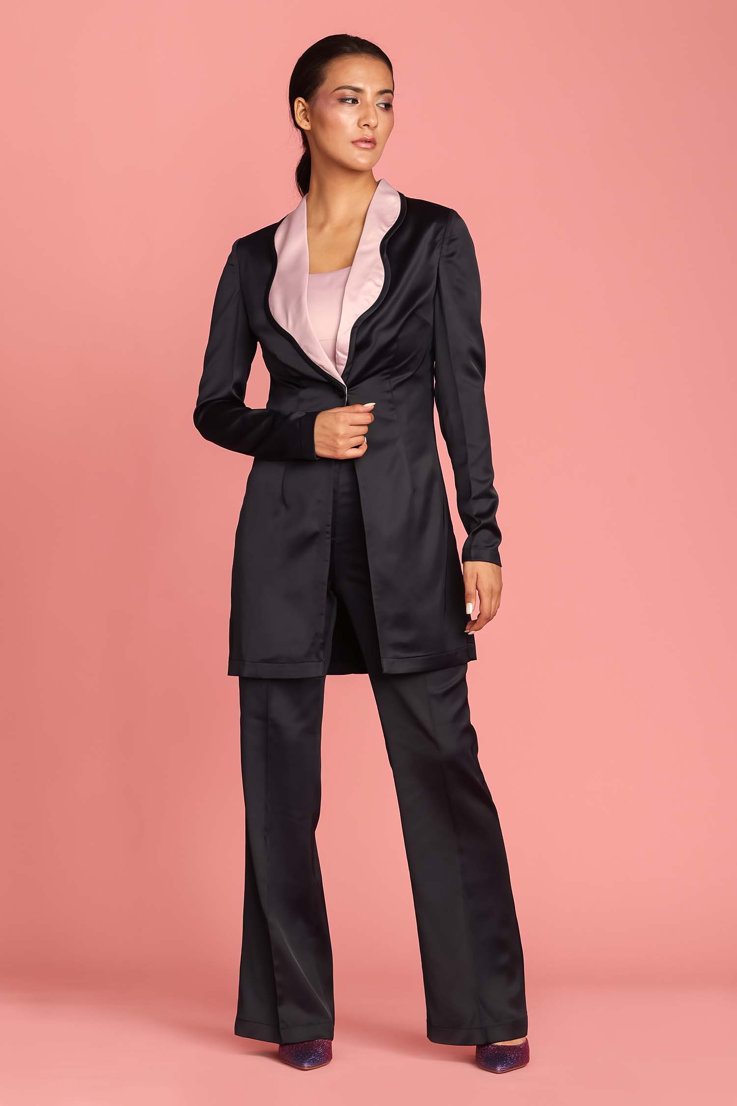 Dark Blue Bubble Gum Collar Blazer with Crop Top and Flared Pants