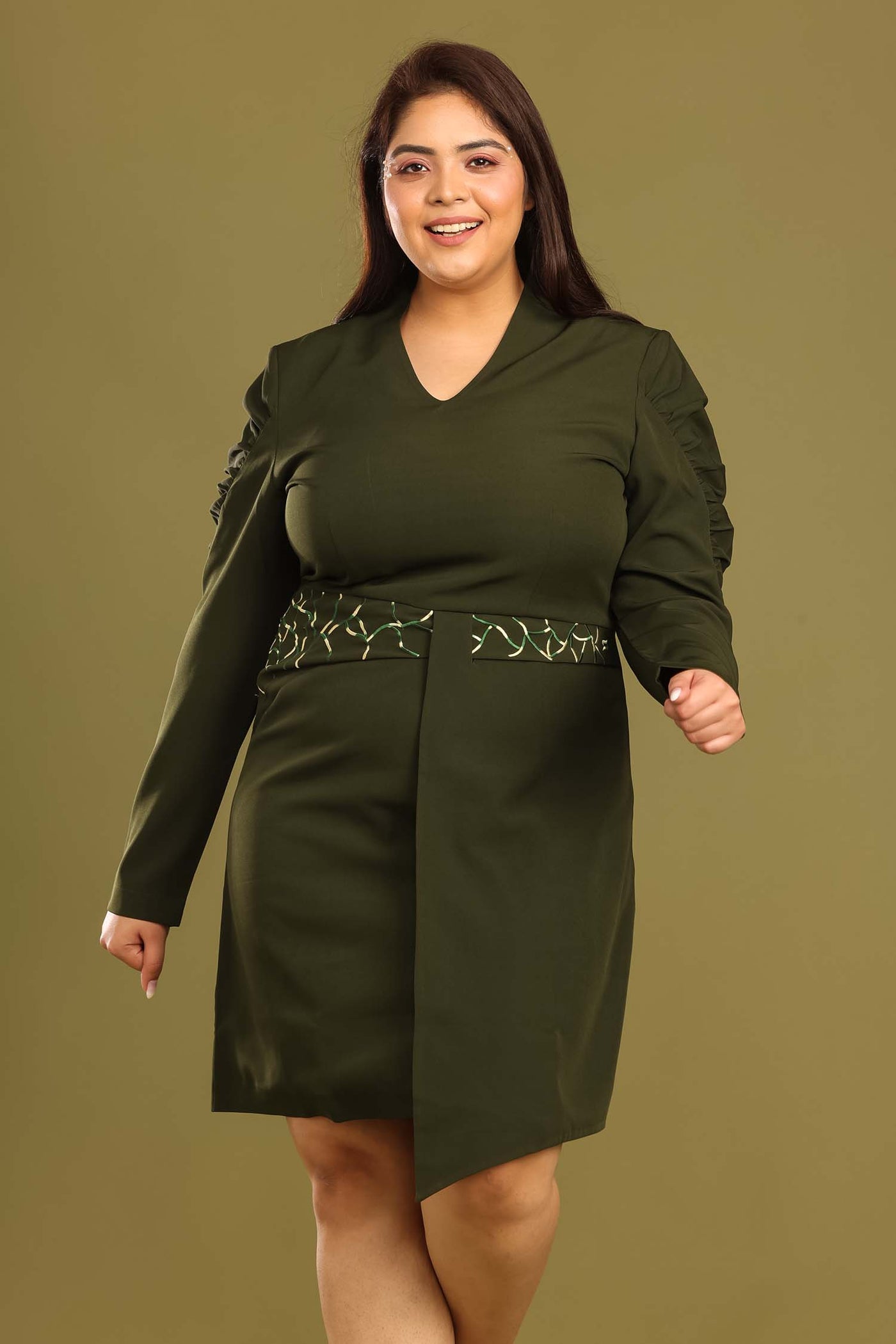 Abstract Embroidered Juniper Green V-neck Dress