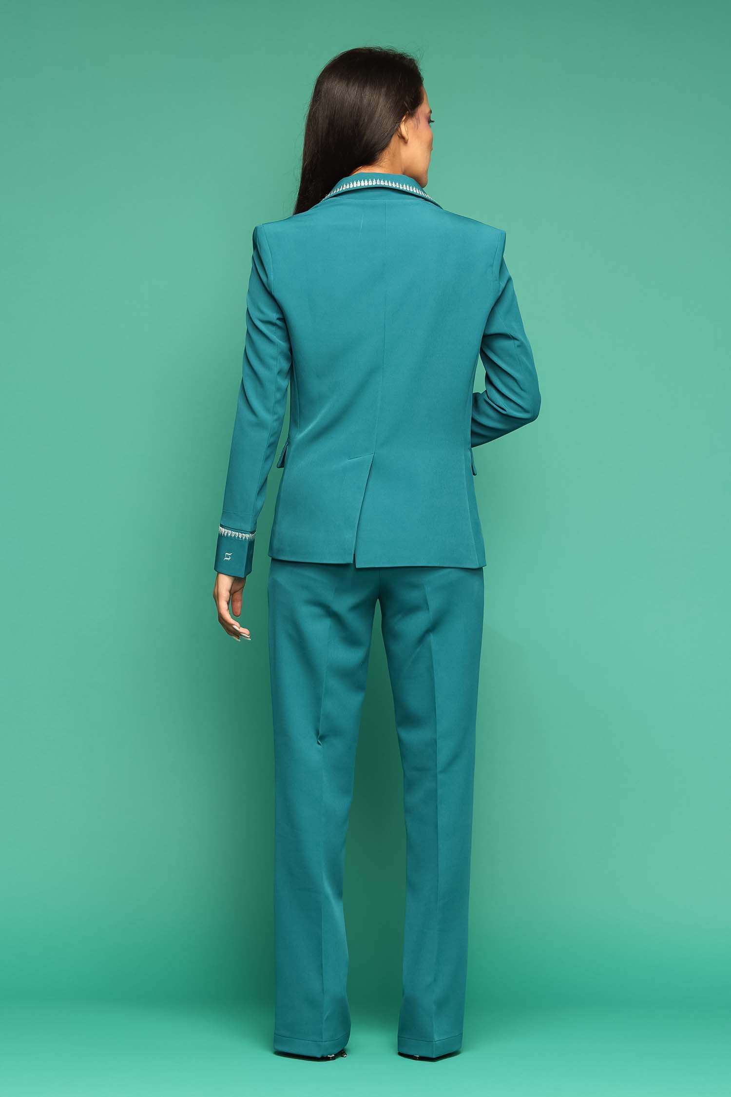 Petal Embroidered Teal Blue Blazer with Crop Top and Flared Pants