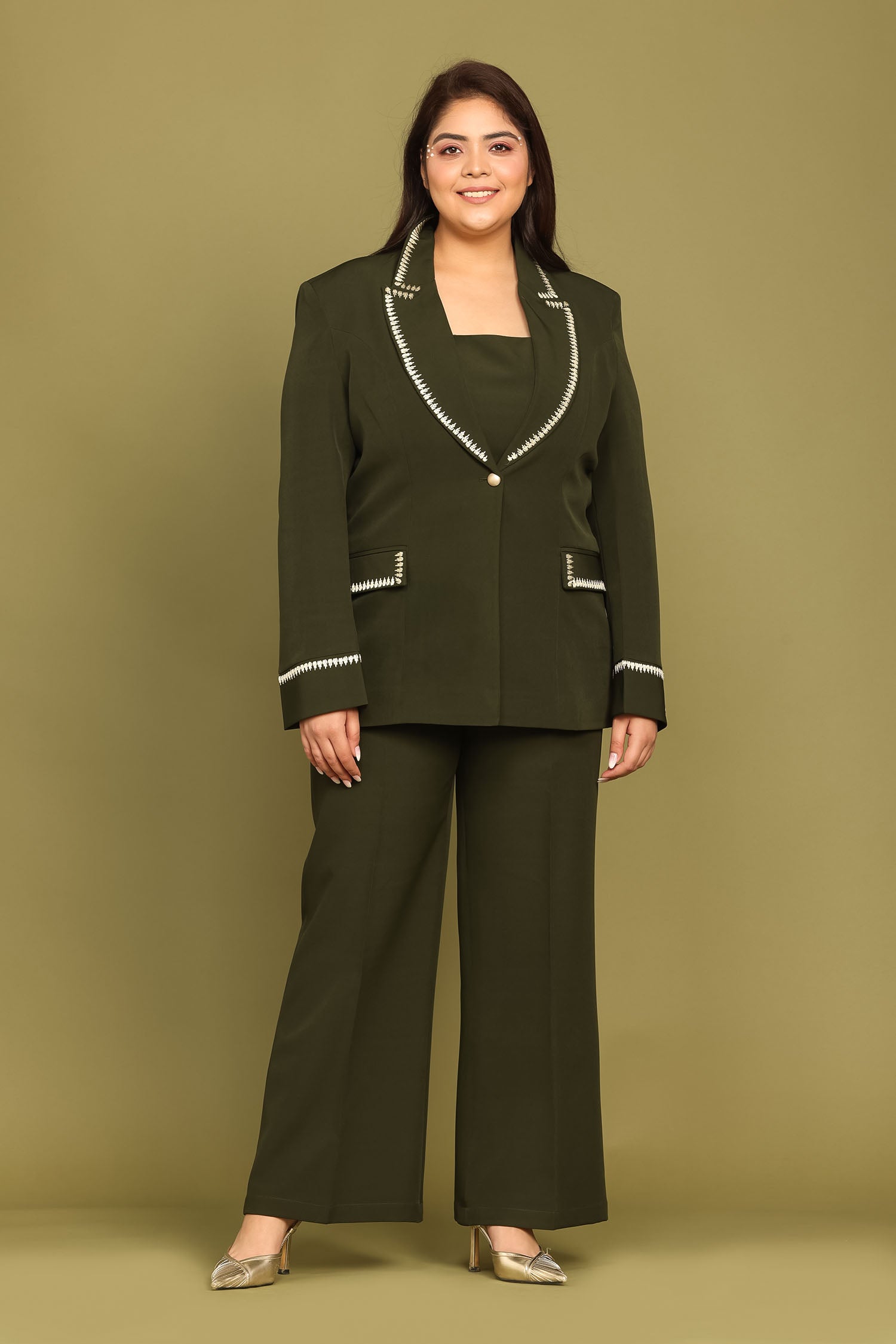 Petal Embroidered Juniper Green Blazer with Crop Top and Flared Pants