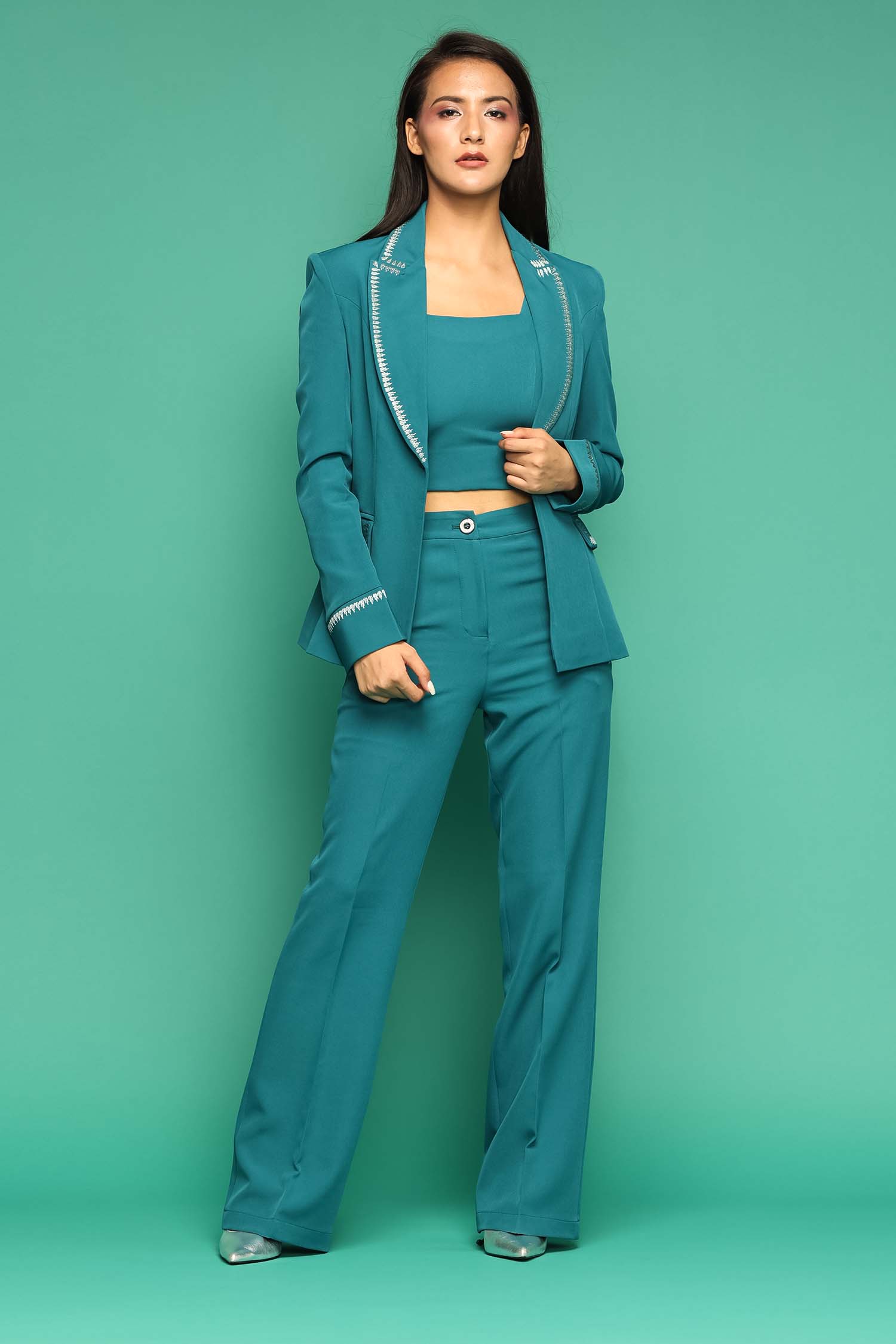 Petal Embroidered Teal Blue Blazer with Crop Top and Flared Pants
