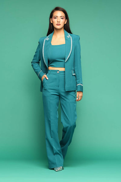 Petal Embroidered Teal Blue Blazer with Crop Top and Flared Pants