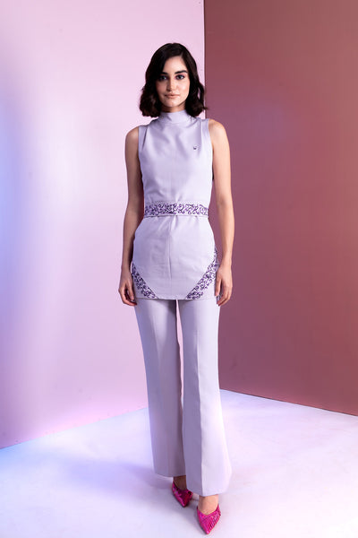 Long Embroidered French Lilac Top