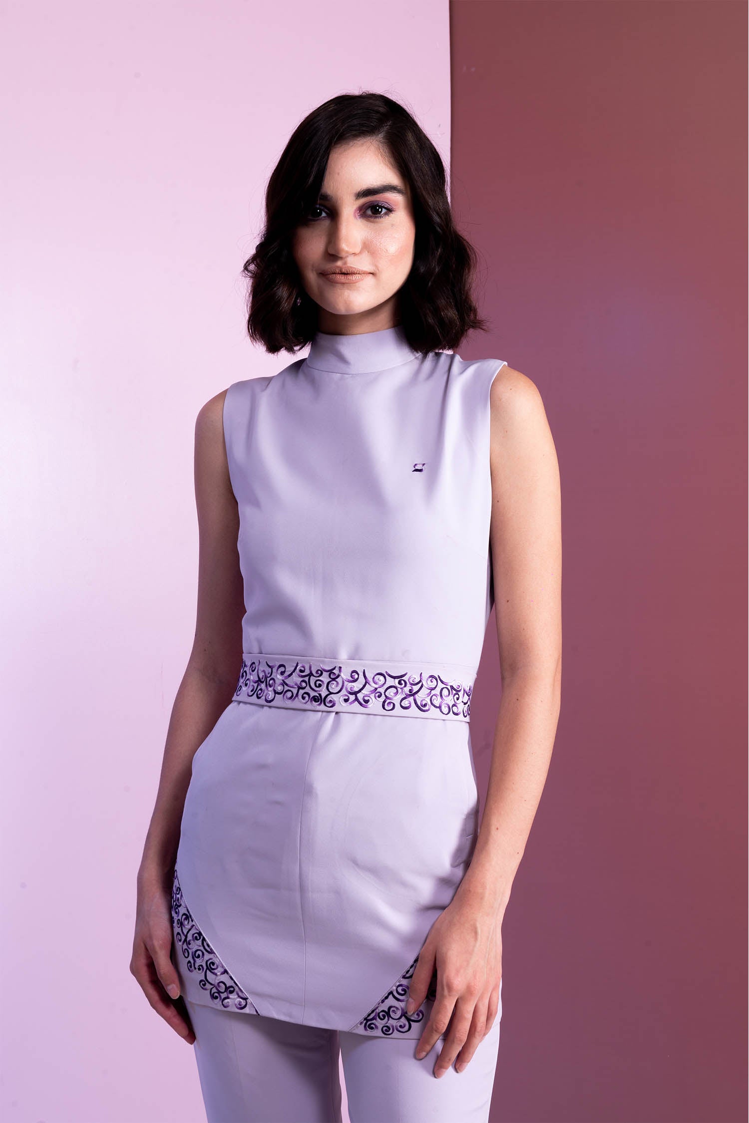 Long Embroidered French Lilac Top