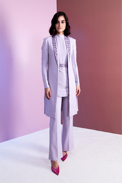 Long Embroidered French Lilac Slit Blazer