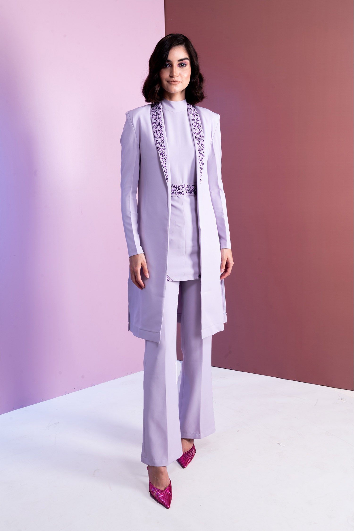 Long Embroidered French Lilac Slit Blazer With Top And Pants