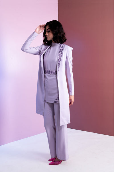 Niki Mehra in Long Embroidered French Lilac Slit Blazer With Top And Pants