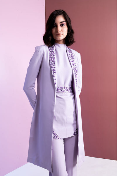 Long Embroidered French Lilac Slit Blazer