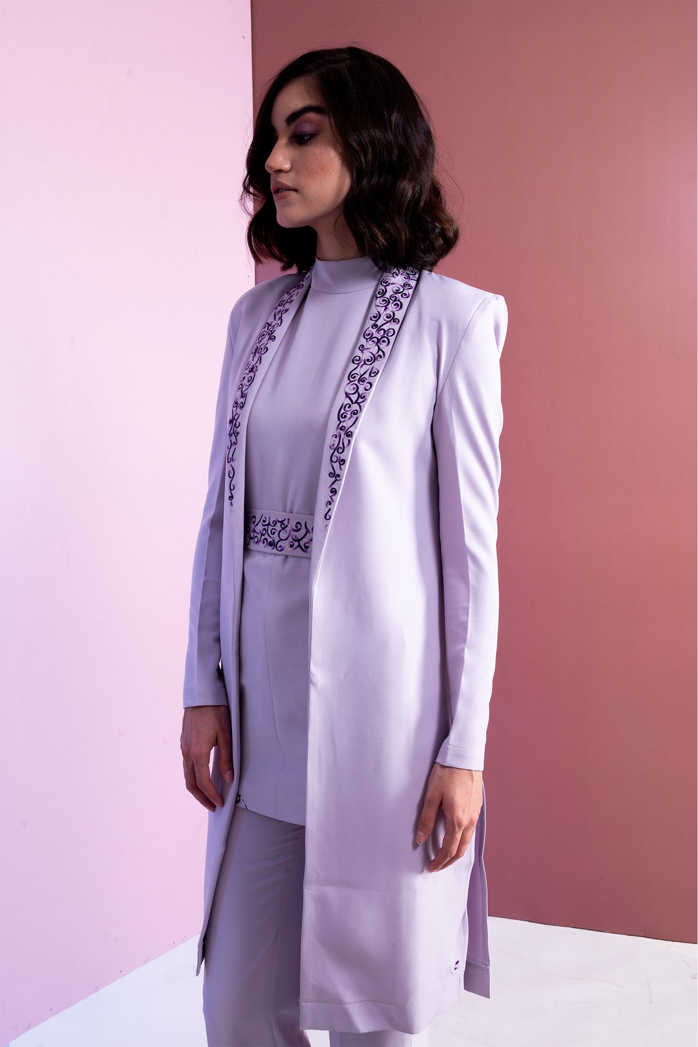 Niki Mehra in Long Embroidered French Lilac Slit Blazer With Top And Pants