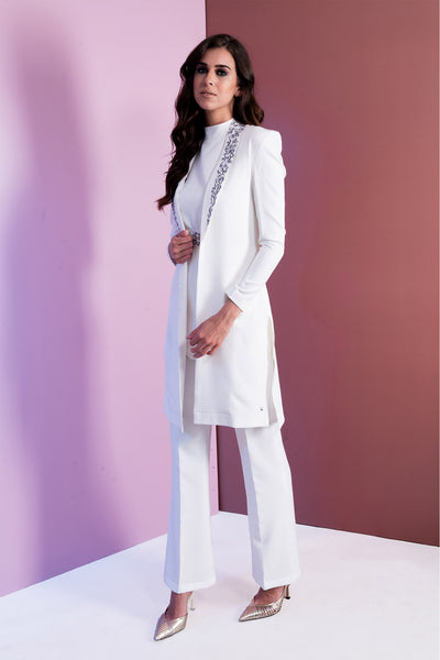 Inderpreet in Long Embroidered Romance Slit Blazer With Top And Pants