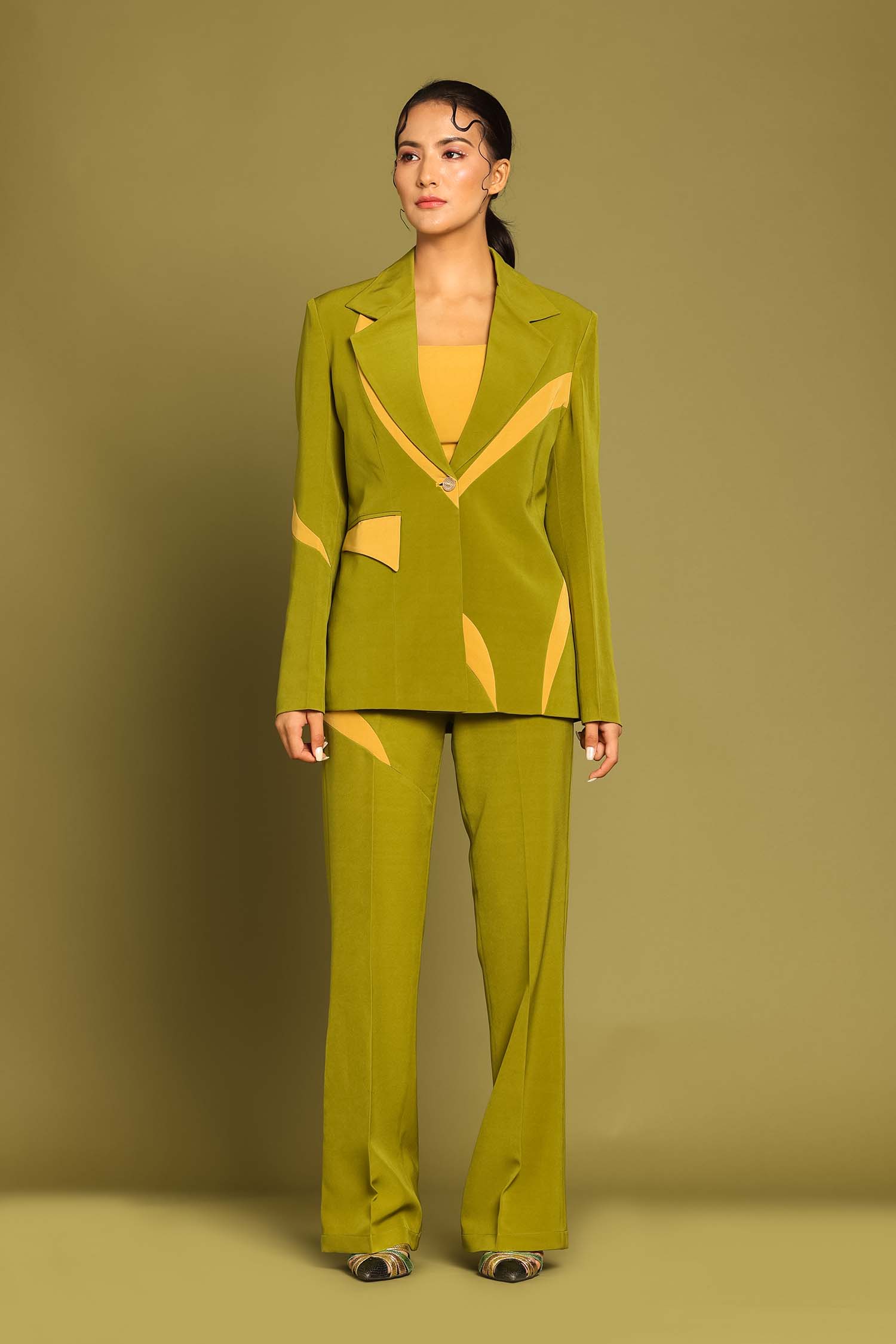 Olive Contrast Paneled Blazer with Crop Top and Flared Pants