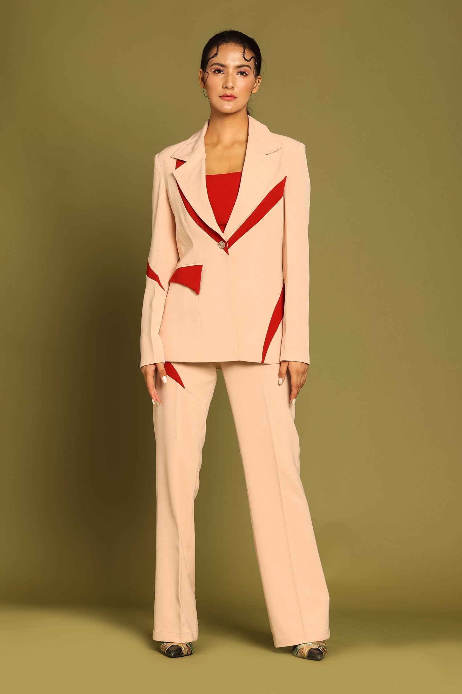 Almond Contrast Paneled Blazer with Crop Top and Flared Pants